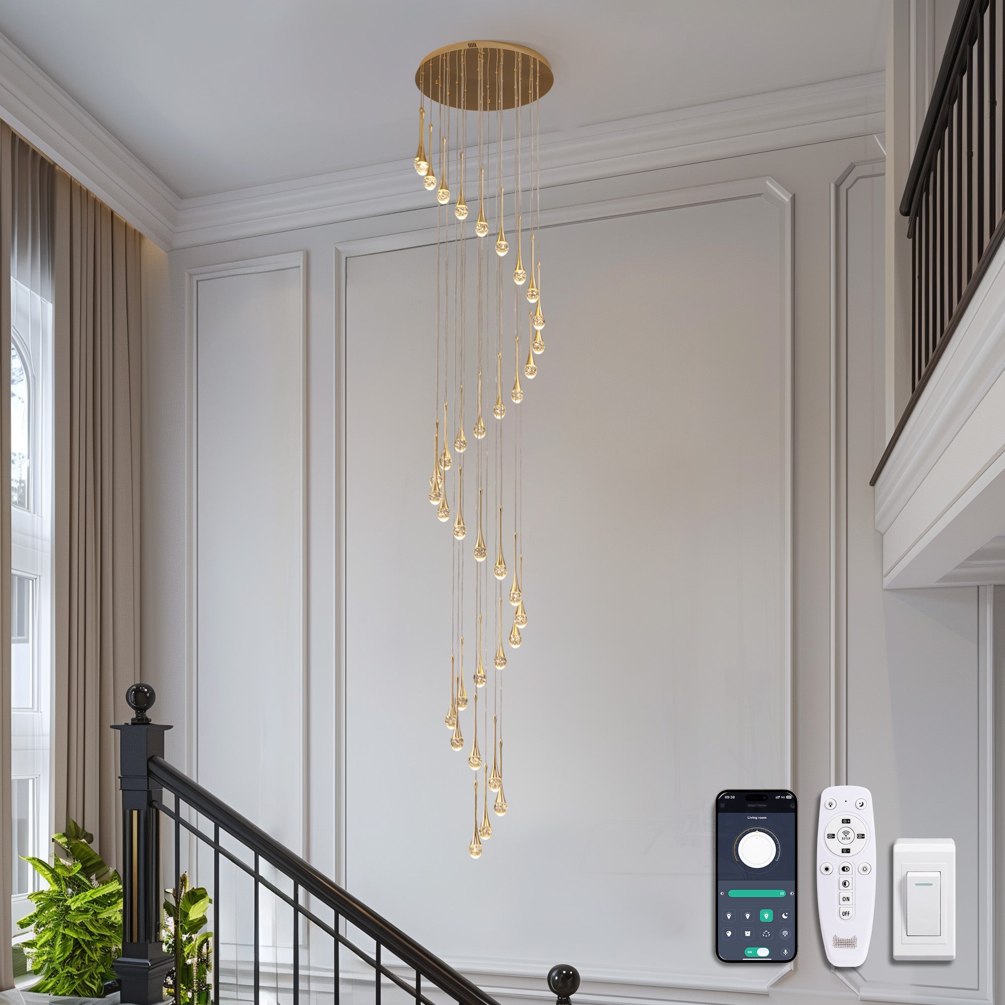 36-light Cylinder Foyer Chandelier With Raindrop Crystals and LED Light