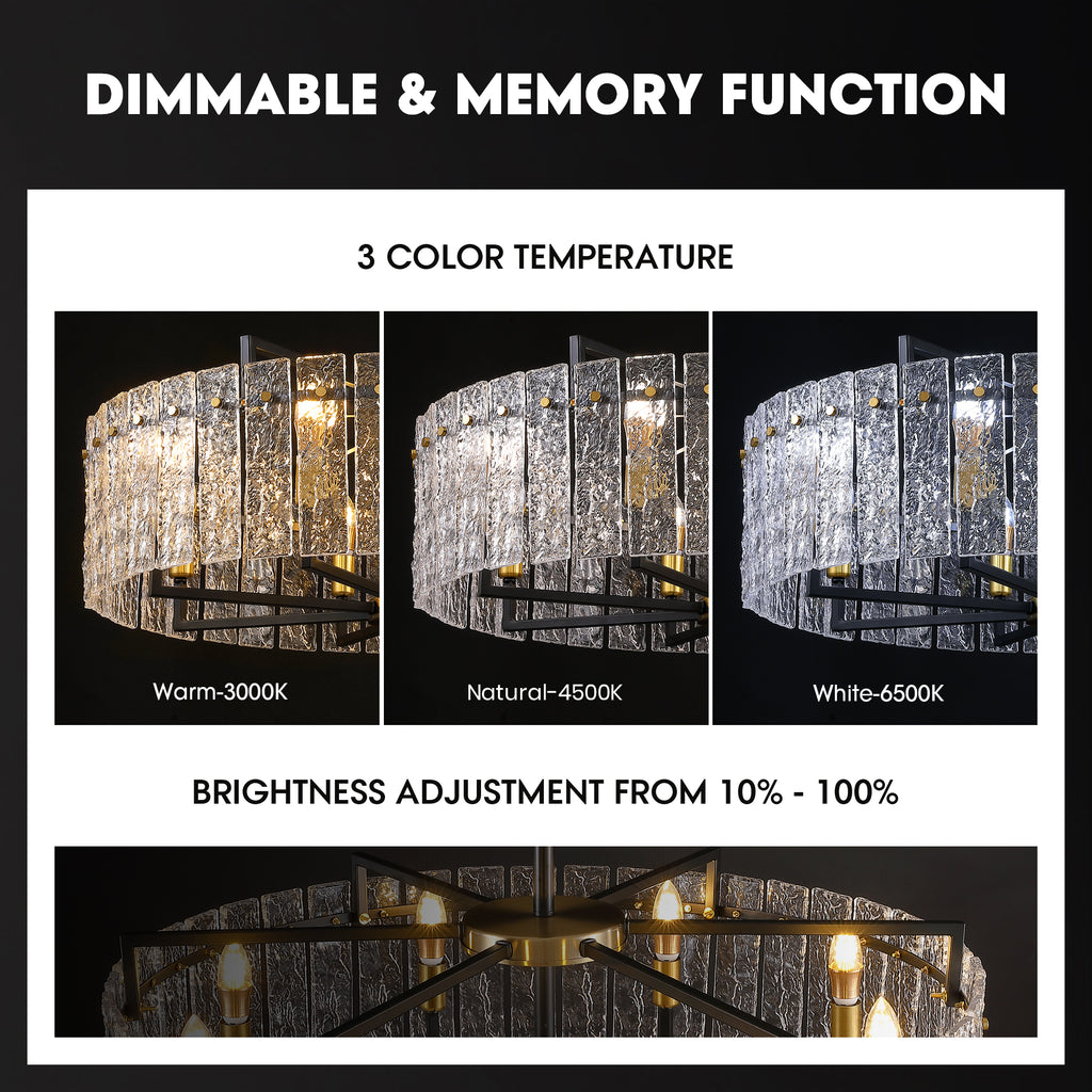 8 - Light Dimmable  Drum Chandelier with Textured Glass, Modern Lighting for Kitchen Island or Dining Room