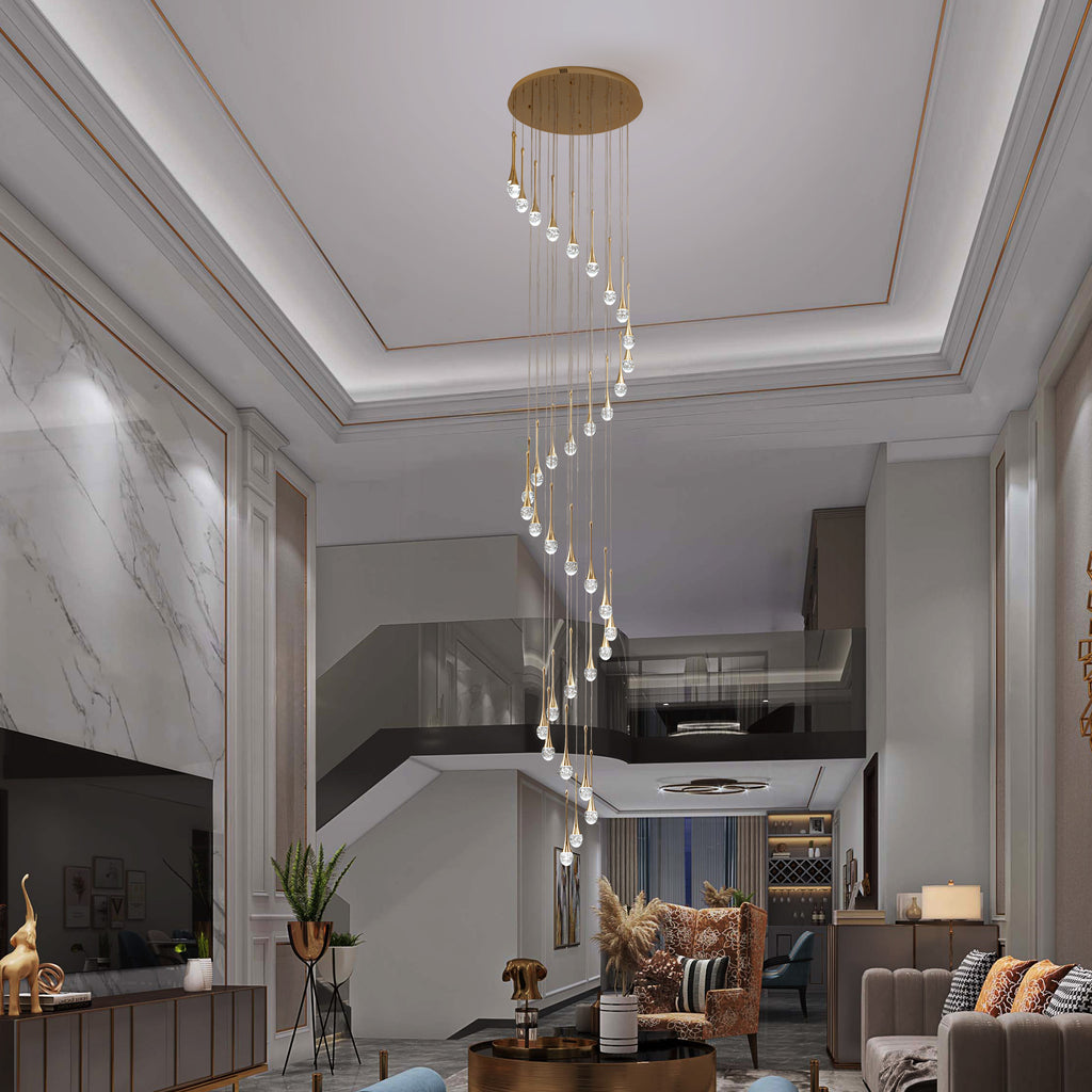 36-light Cylinder Foyer Chandelier With Raindrop Crystals and LED Light
