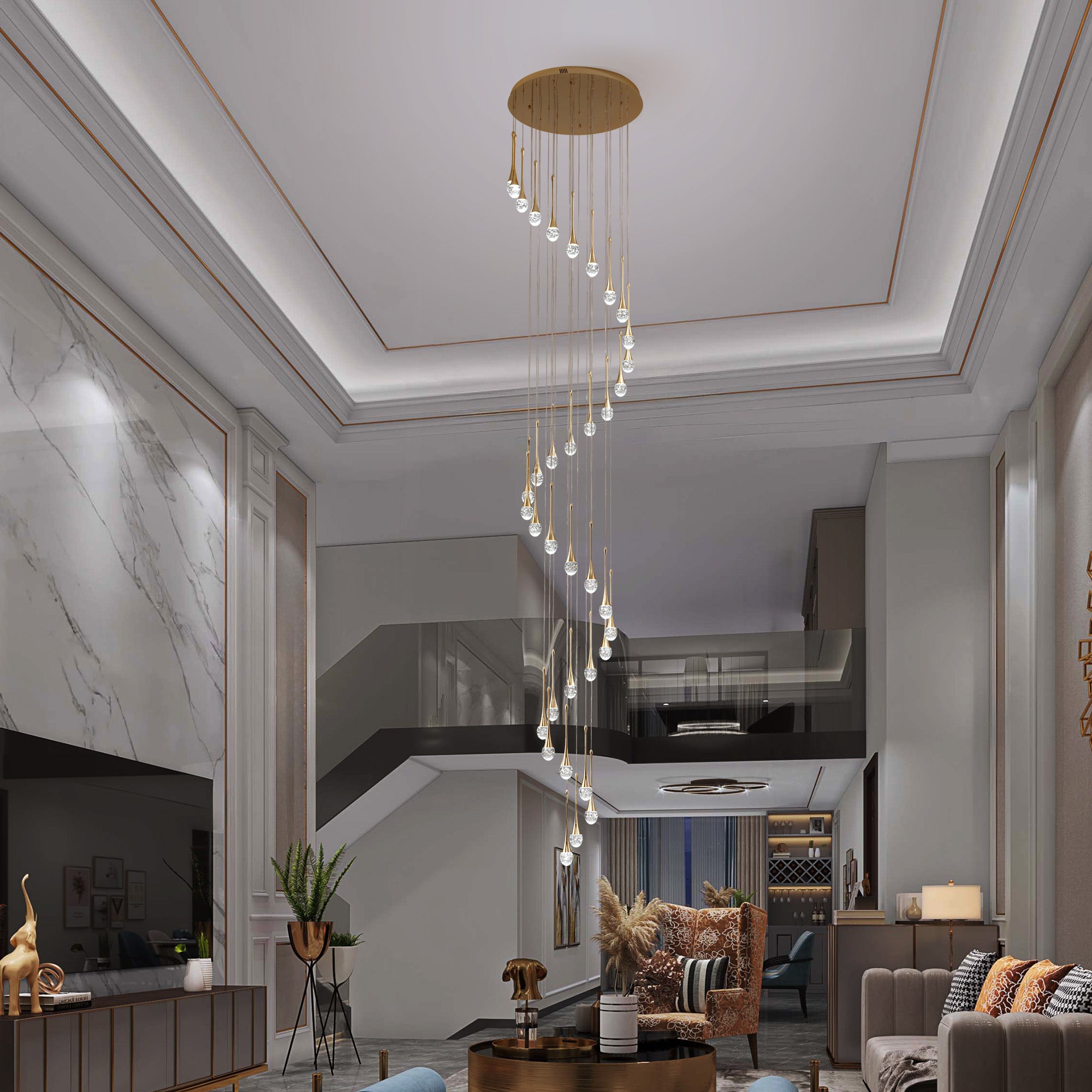 36-light Cylinder Foyer Chandelier With Raindrop Crystals and LED Light
