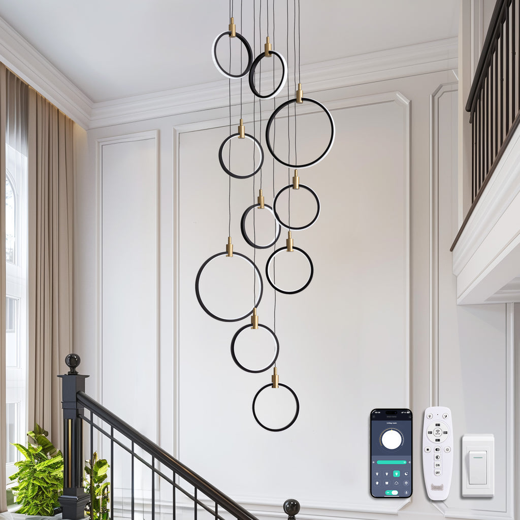 10-Ring LED Dimmable Geometric Chandelier, Black and Gold Foyer Light for High Ceilings with Remote & App Control
