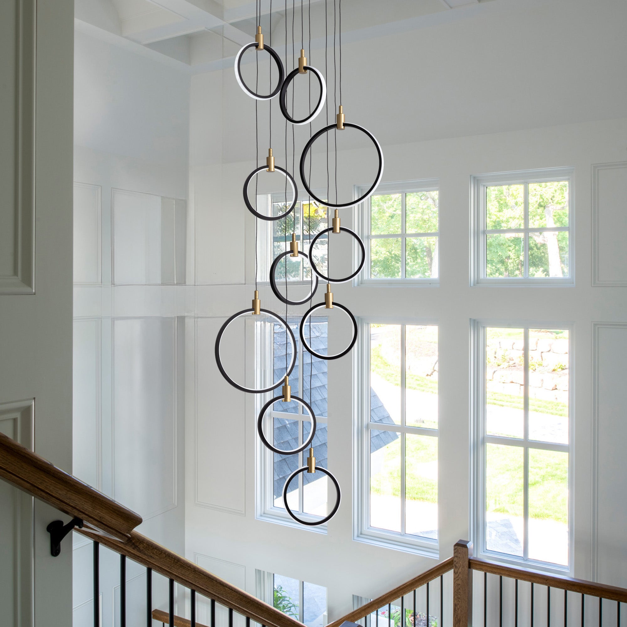 10-Ring LED Dimmable Geometric Chandelier, Black and Gold Foyer Light for High Ceilings with Remote & App Control