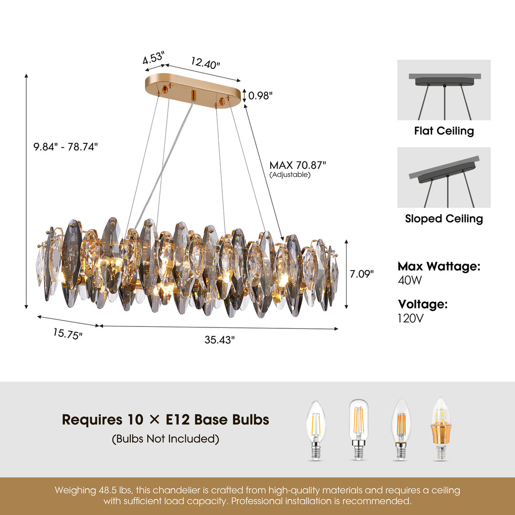 10-light Gold Rectangle Crystal Chandelier For Dining Room