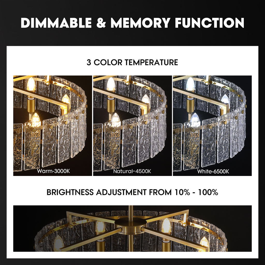 6 - Light Dimmable Gold Drum Chandelier with Textured Glass, Modern Lighting for Kitchen Island or Dining Room