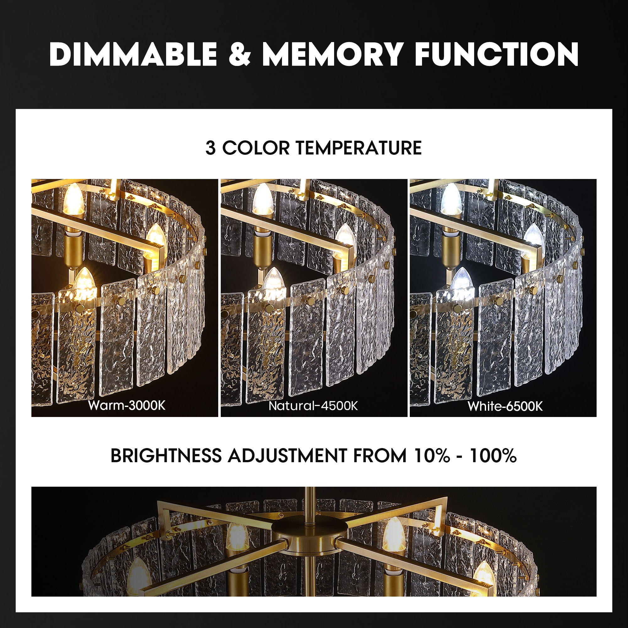 6 - Light Dimmable Gold Drum Chandelier with Textured Glass, Modern Lighting for Kitchen Island or Dining Room