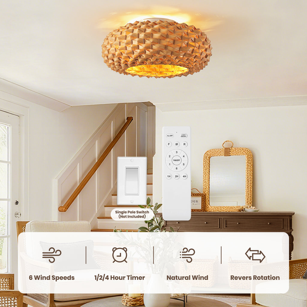 20" Boho Bamboo Ceiling Fan with Light, Woven Shade Flush Mount Fan with Remote, Quiet DC Motor for Small Rooms