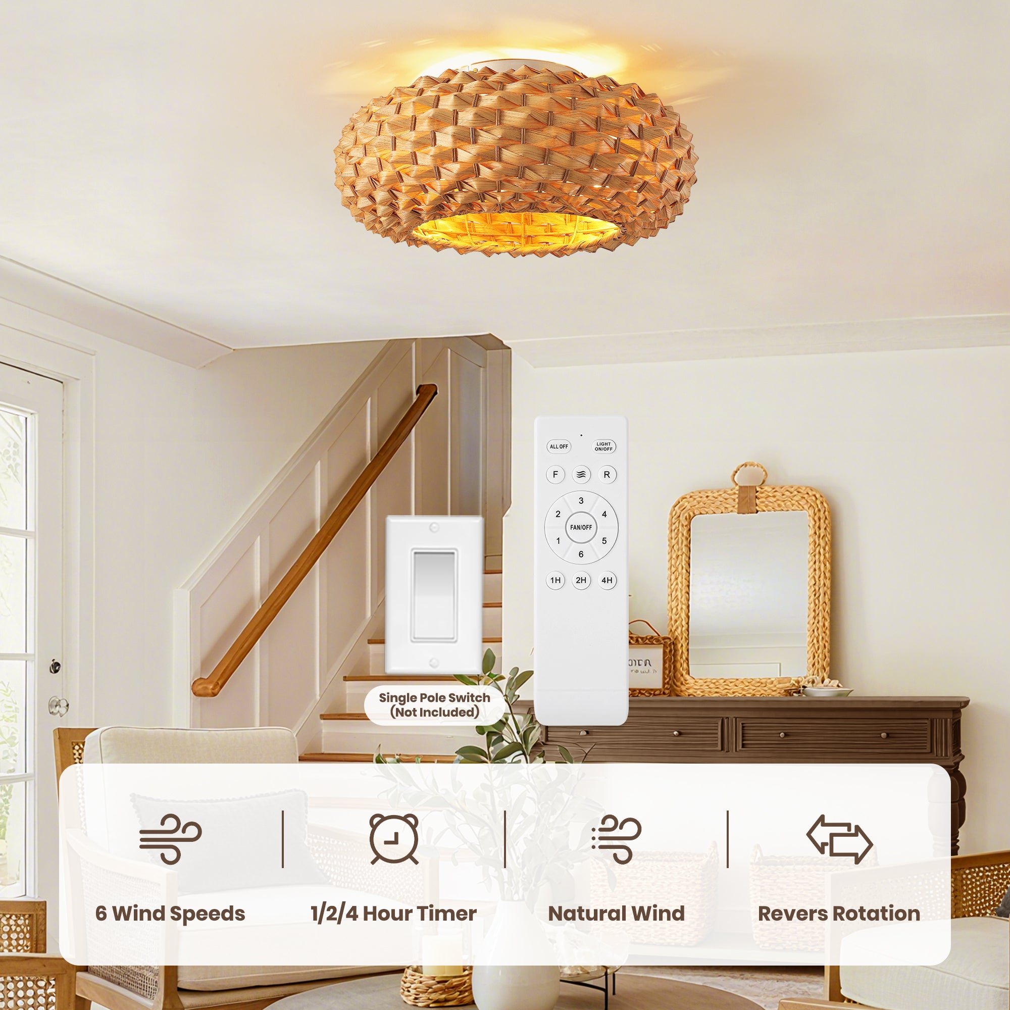 20" Boho Bamboo Ceiling Fan with Light, Woven Shade Flush Mount Fan with Remote, Quiet DC Motor for Small Rooms