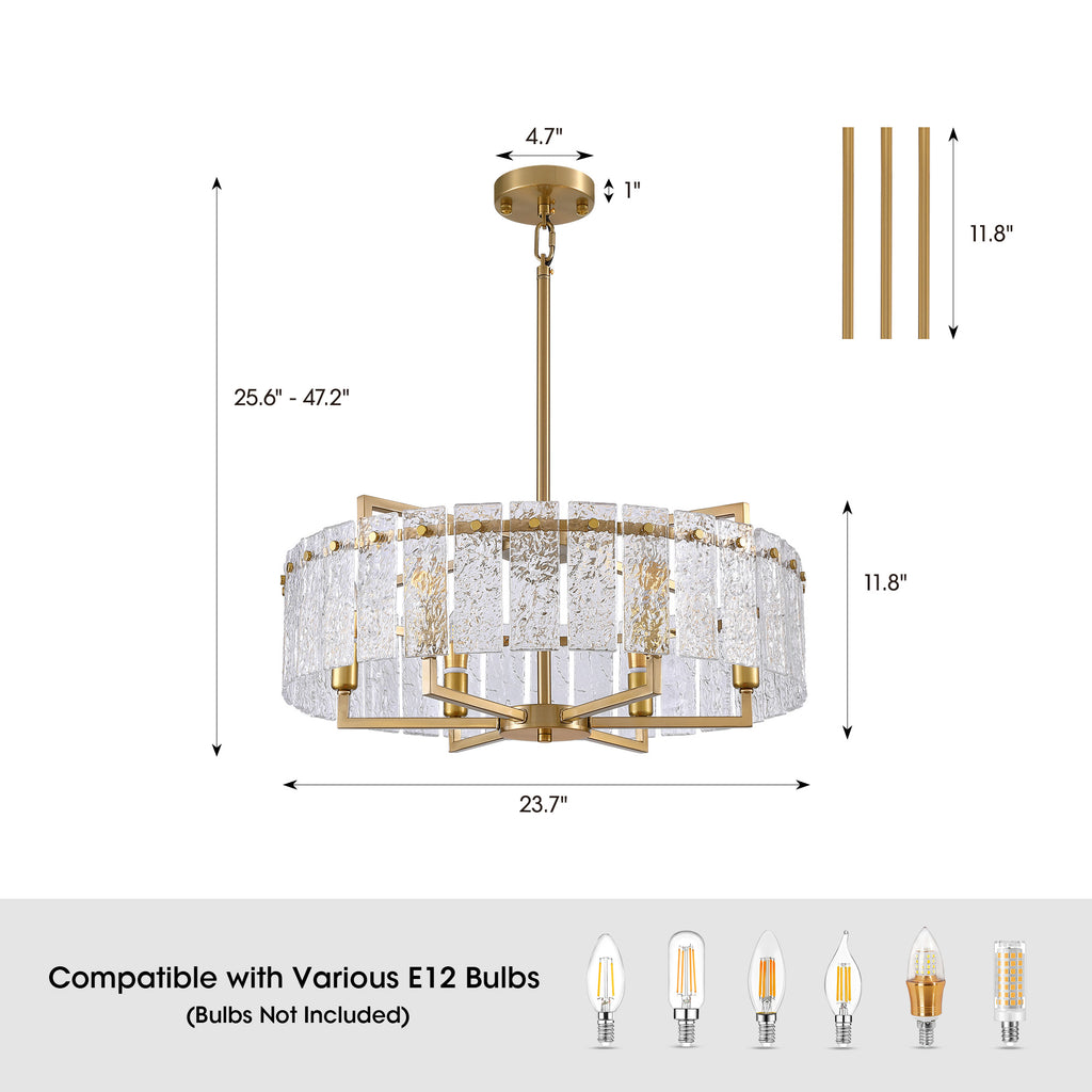 6 - Light Dimmable Gold Drum Chandelier with Textured Glass, Modern Lighting for Kitchen Island or Dining Room