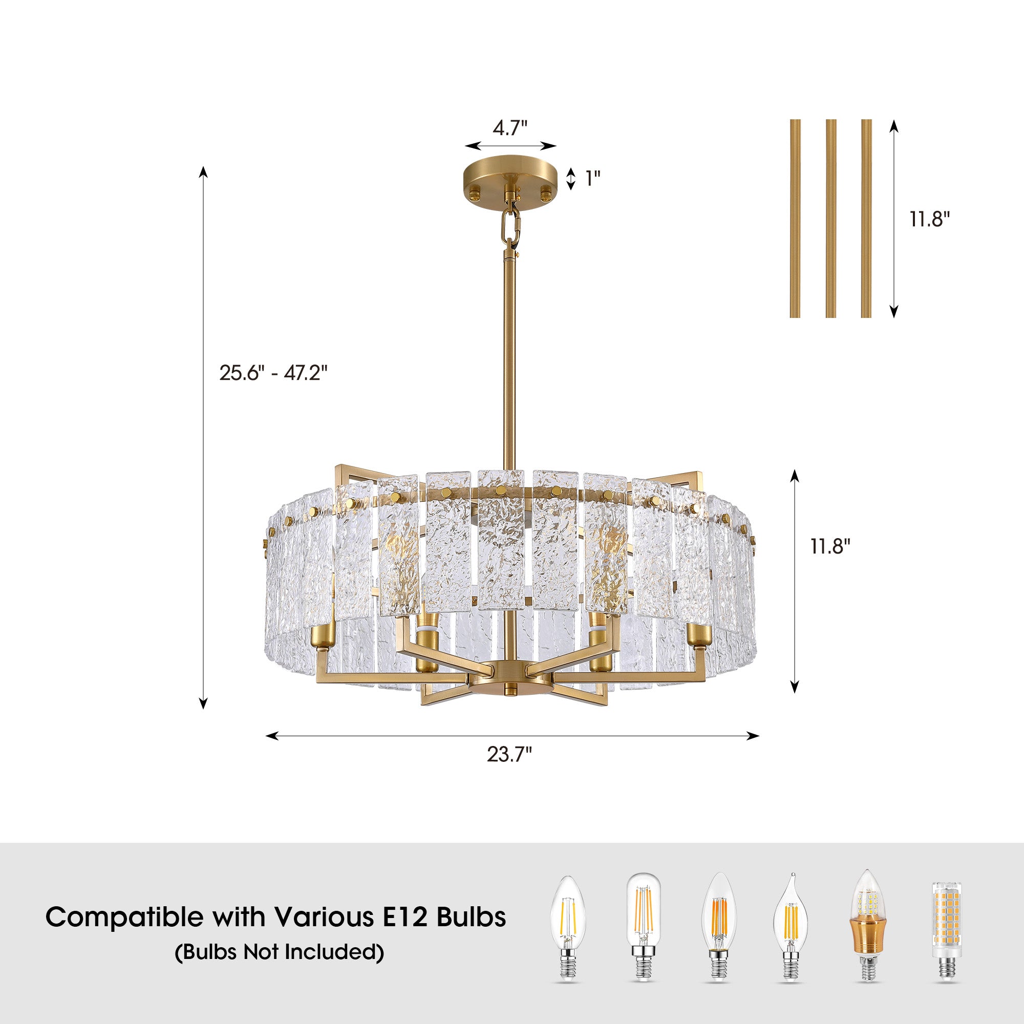 6 - Light Dimmable Gold Drum Chandelier with Textured Glass, Modern Lighting for Kitchen Island or Dining Room
