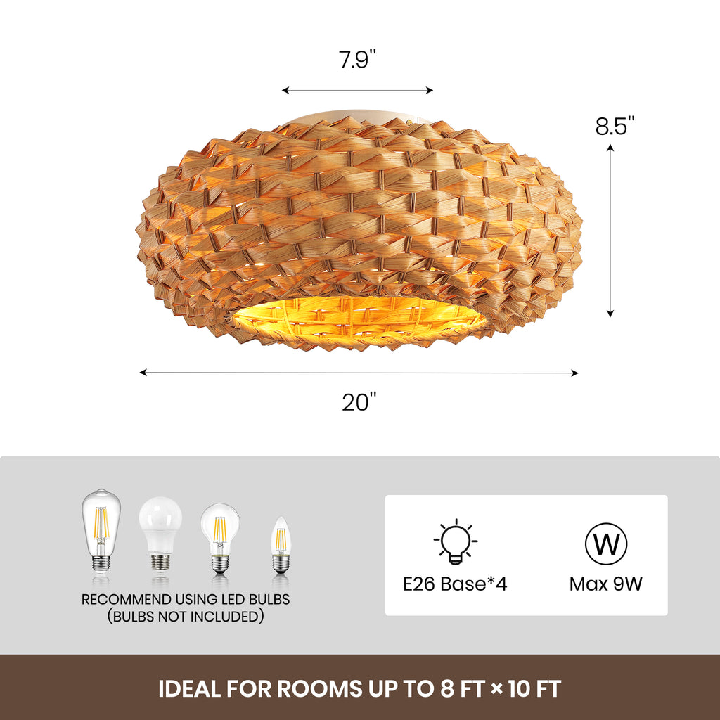 20" Boho Bamboo Ceiling Fan with Light, Woven Shade Flush Mount Fan with Remote, Quiet DC Motor for Small Rooms