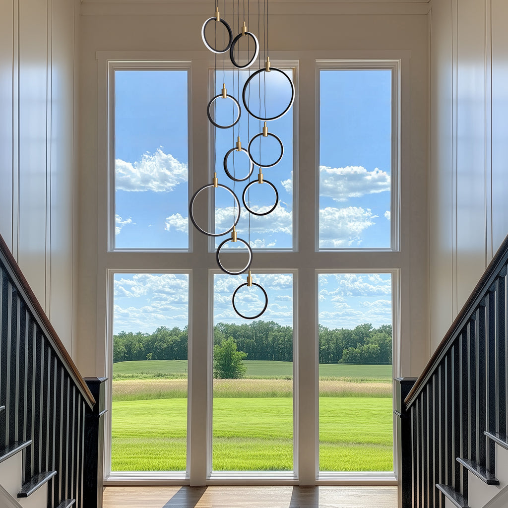 10-Ring LED Dimmable Geometric Chandelier, Black and Gold Foyer Light for High Ceilings with Remote & App Control