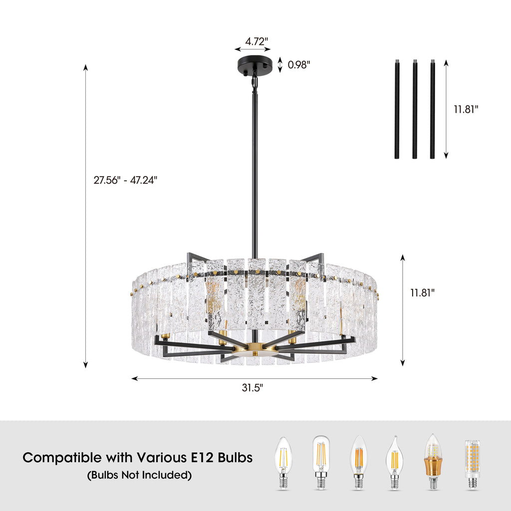 8 - Light Dimmable  Drum Chandelier with Textured Glass, Modern Lighting for Kitchen Island or Dining Room