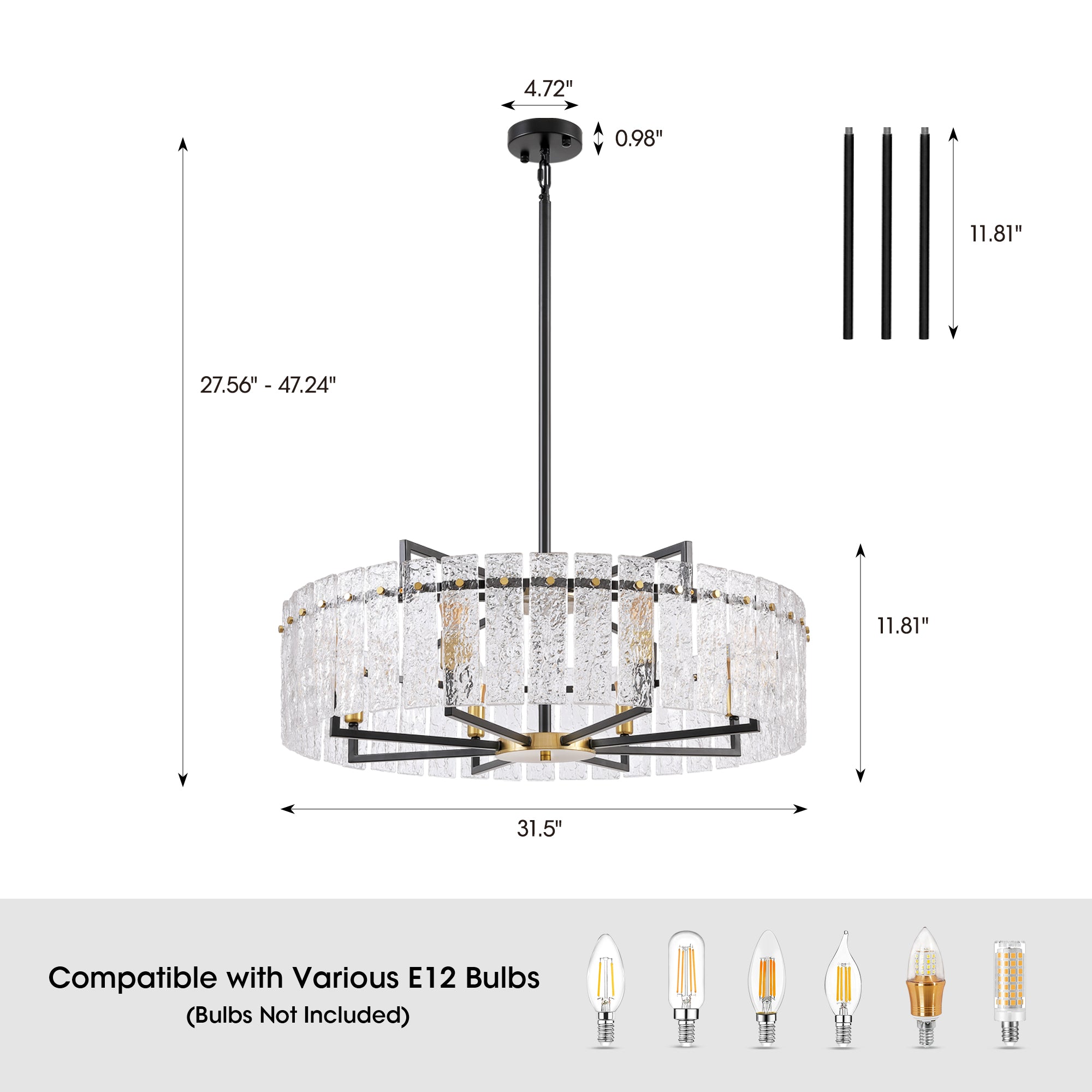 8 - Light Dimmable  Drum Chandelier with Textured Glass, Modern Lighting for Kitchen Island or Dining Room