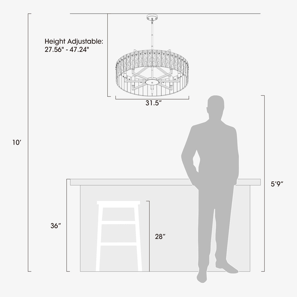 8 - Light Dimmable  Drum Chandelier with Textured Glass, Modern Lighting for Kitchen Island or Dining Room
