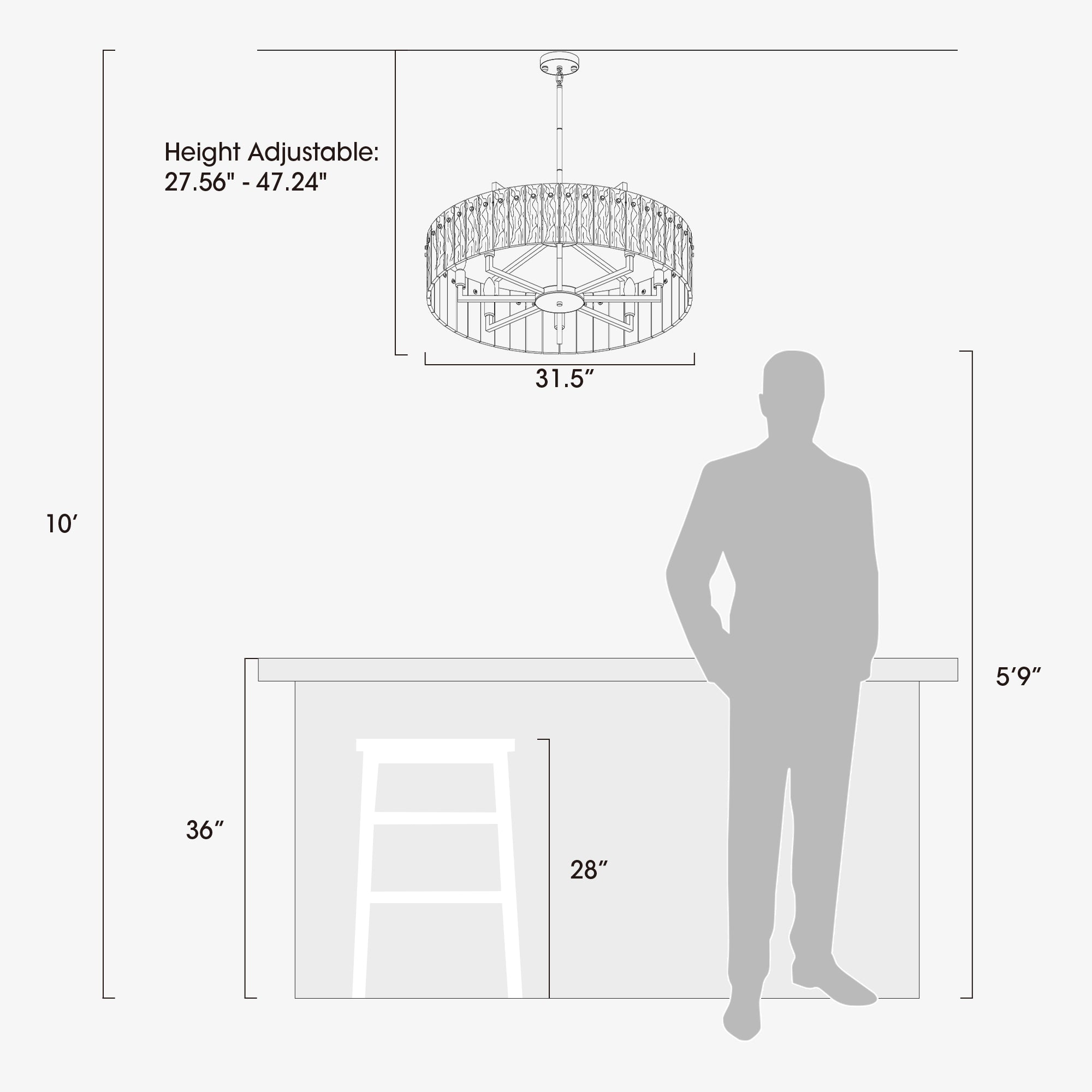 8 - Light Dimmable  Drum Chandelier with Textured Glass, Modern Lighting for Kitchen Island or Dining Room