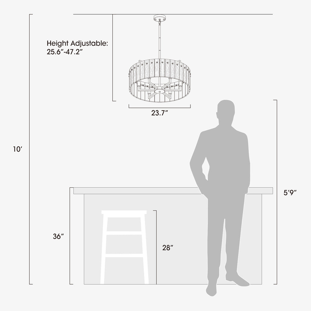 6 - Light Dimmable Gold Drum Chandelier with Textured Glass, Modern Lighting for Kitchen Island or Dining Room