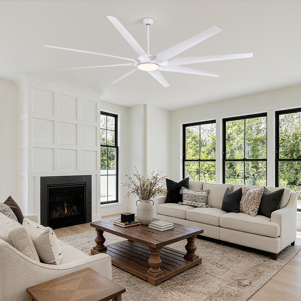 100 in. Smart Indoor White Industrial Large Downrod 8-Blade Ceiling Fans with Lights and Remote Dimmable