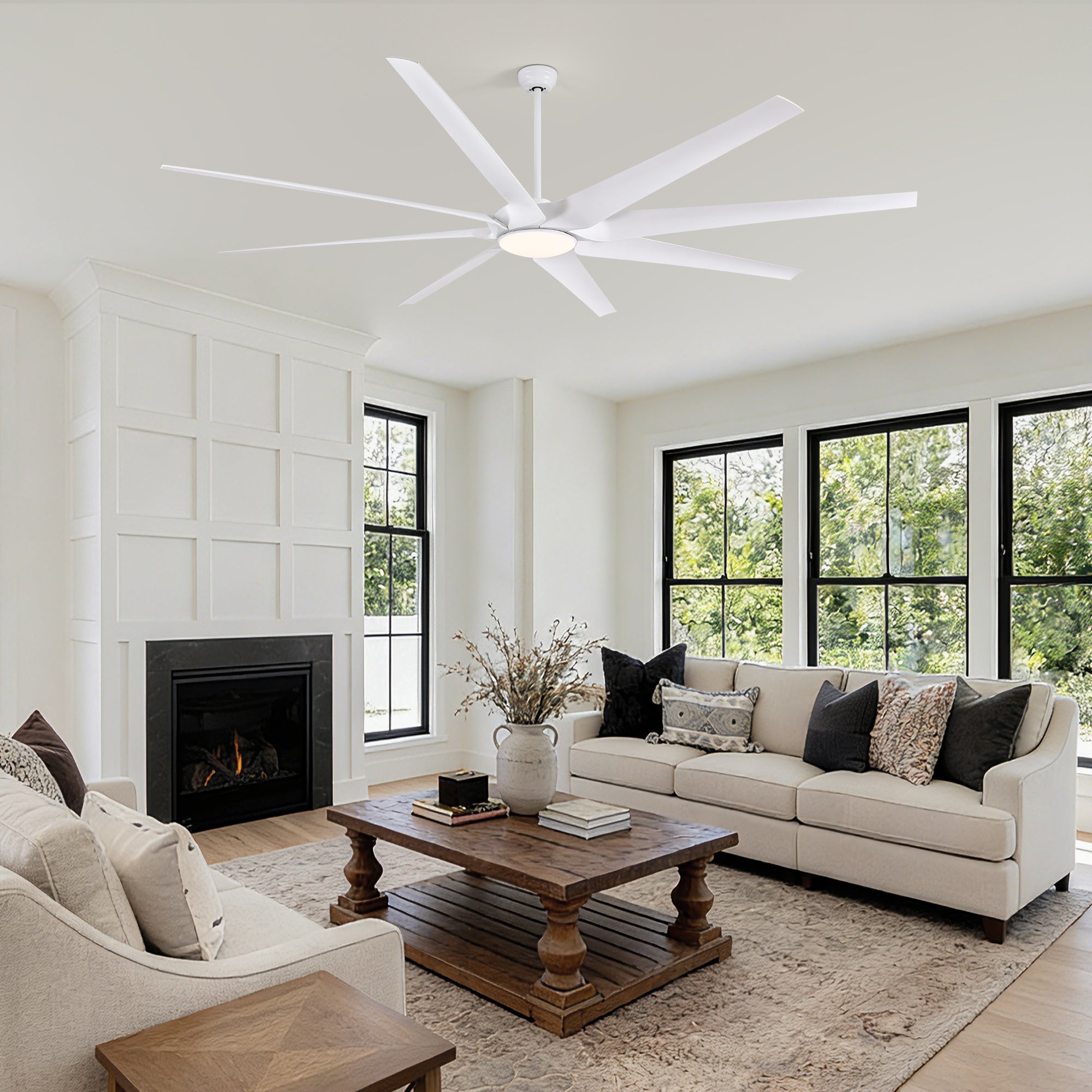 100 in. Smart Indoor White Industrial Large Downrod 8-Blade Ceiling Fans with Lights and Remote Dimmable