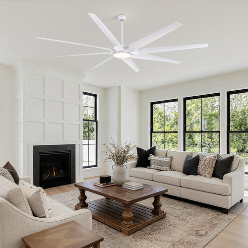 100 in. Smart Indoor White Industrial Large Downrod 8-Blade Ceiling Fans with Lights and Remote Dimmable