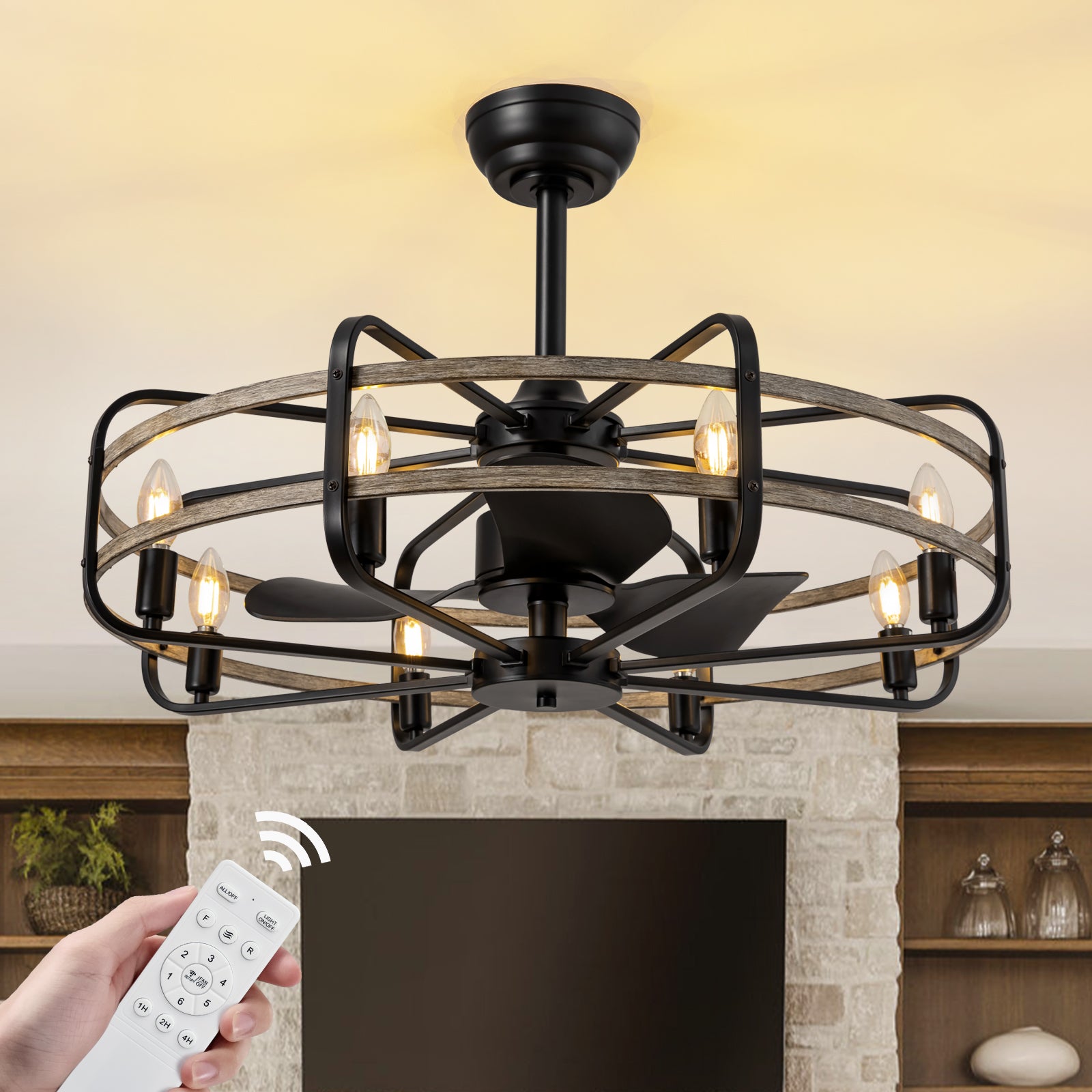 30 in. Indoor Farmhouse Black Downrod Mount Caged Ceiling Fan with Lights and Remote Wood Grain Industrial