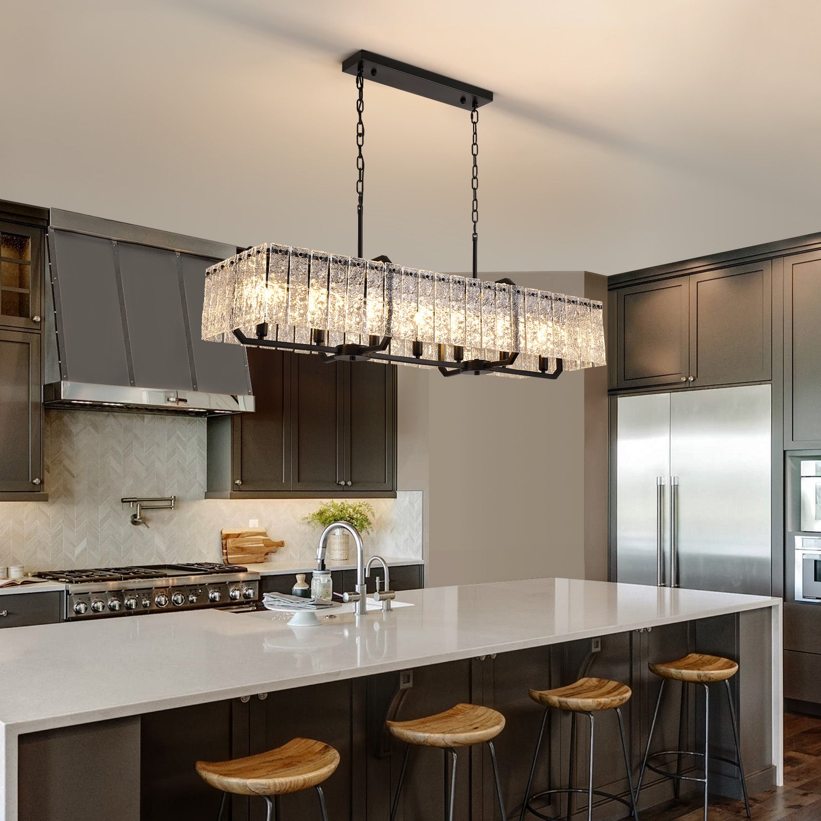 46.5 in. Modern Dimmable 7-Light Rectangle Black Crystal Chandelier for Dinning Room