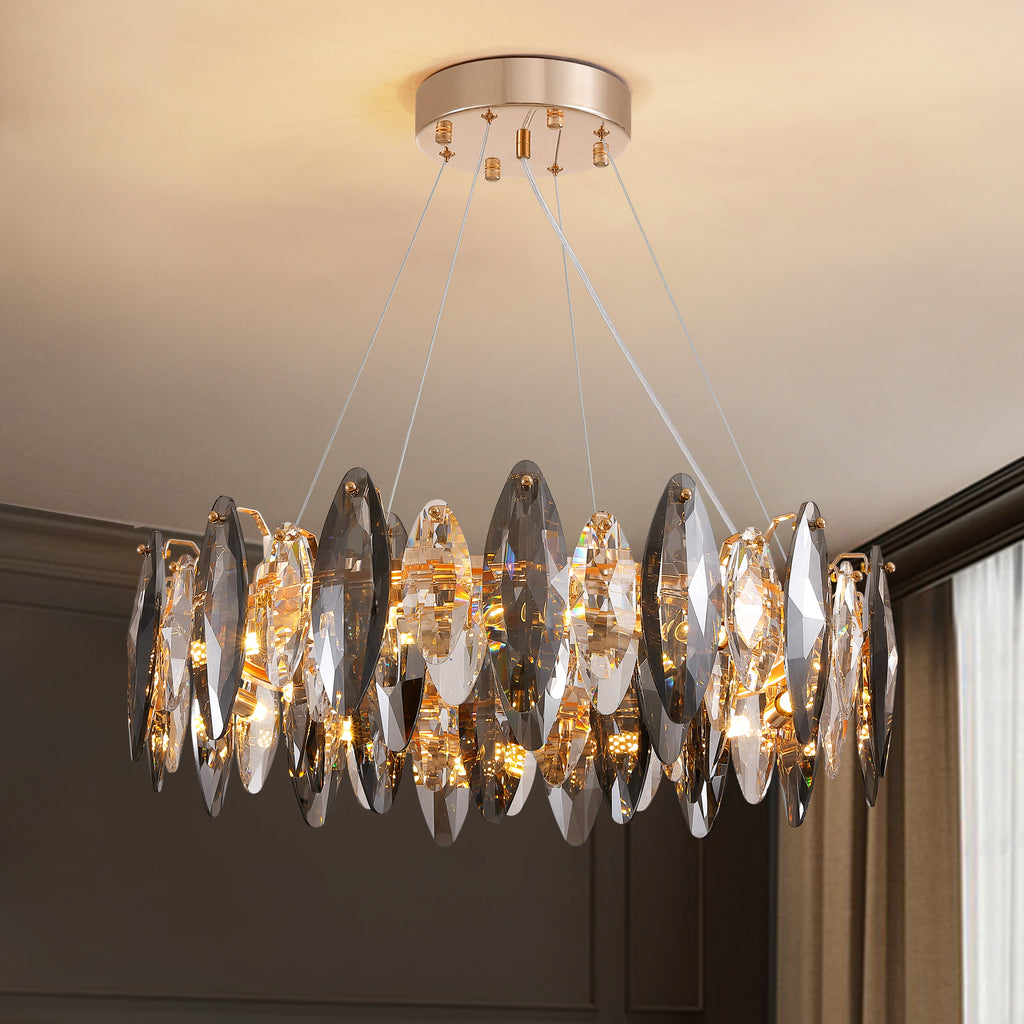 12-Light Dimmable Drum Crystal Chandelier, Modern Luxury Lighting for Kitchen Island Dining Room