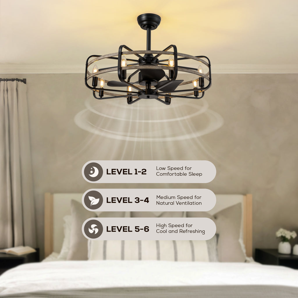 30 in. Indoor Farmhouse Black Downrod Mount Caged Ceiling Fan with Lights and Remote Wood Grain Industrial