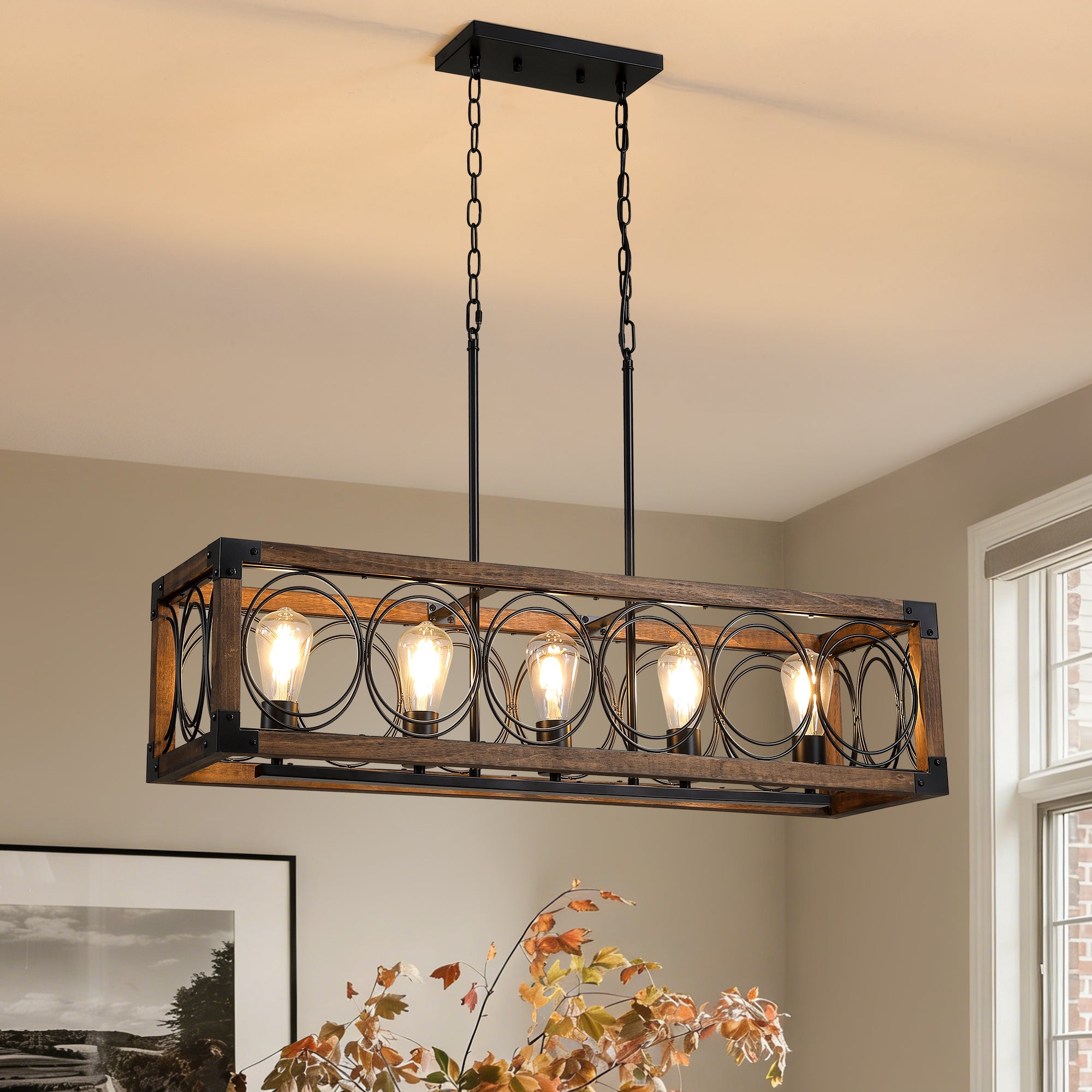 5 - Light Dimmable Modern Farmhouse Rectangle Solid Wood Chandelier