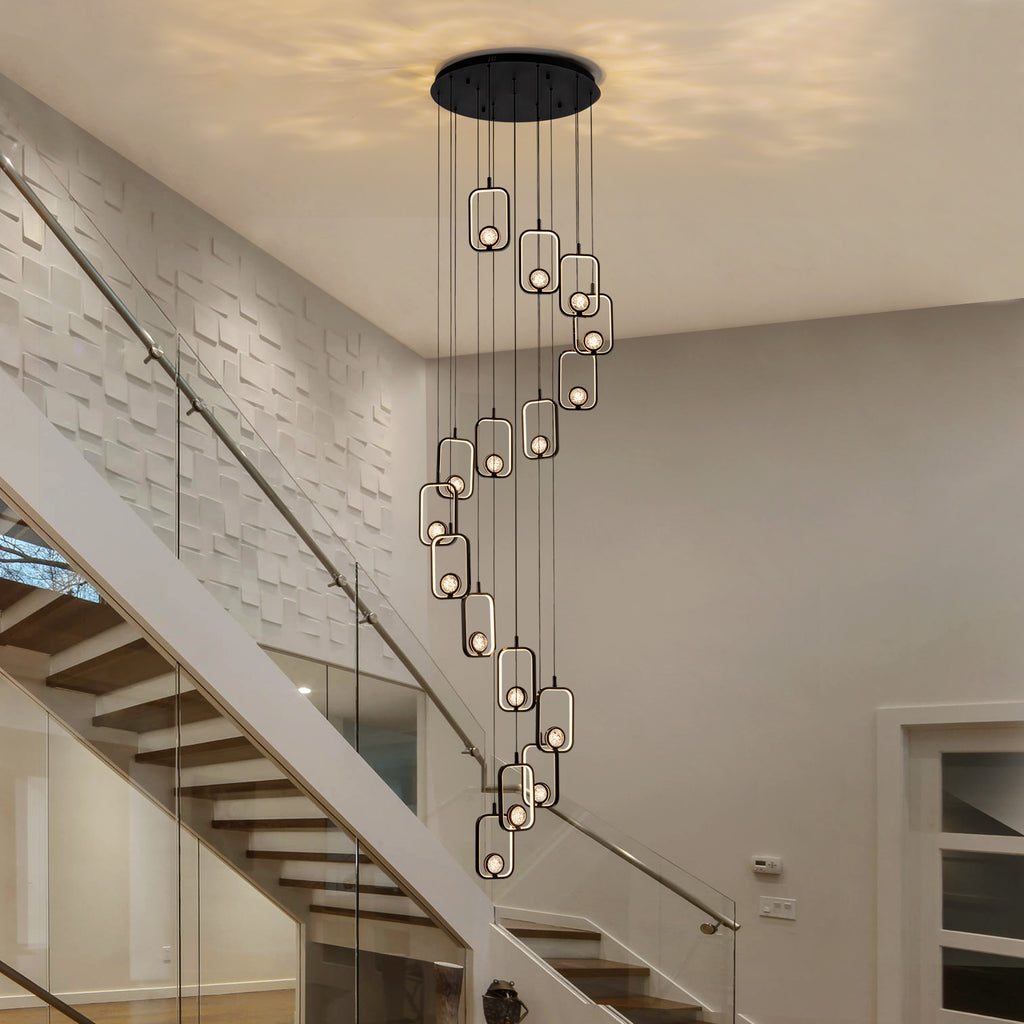16-Light Black Cylinder Chandelier with Crystal Balls, Dimmable LED Lights & Remote Control for High Ceilings