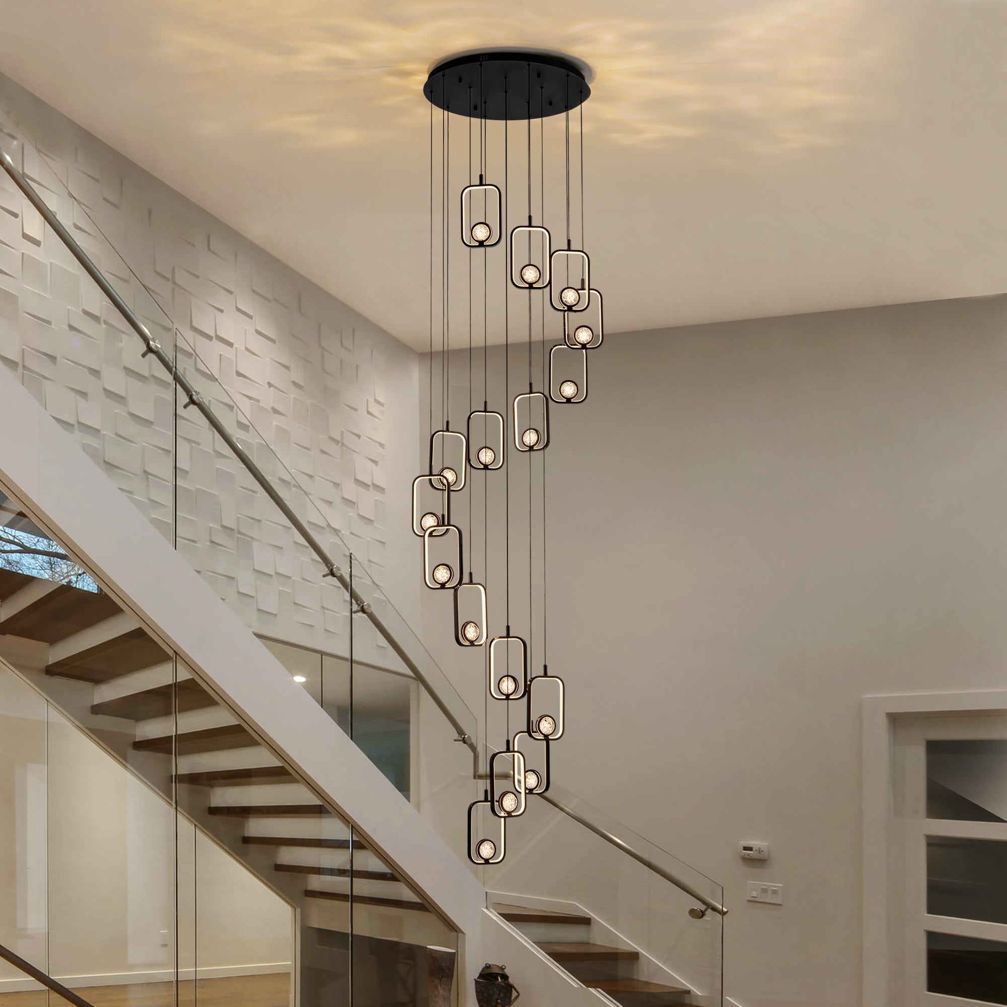 16-Light Black Cylinder Chandelier with Crystal Balls, Dimmable LED Lights & Remote Control for High Ceilings