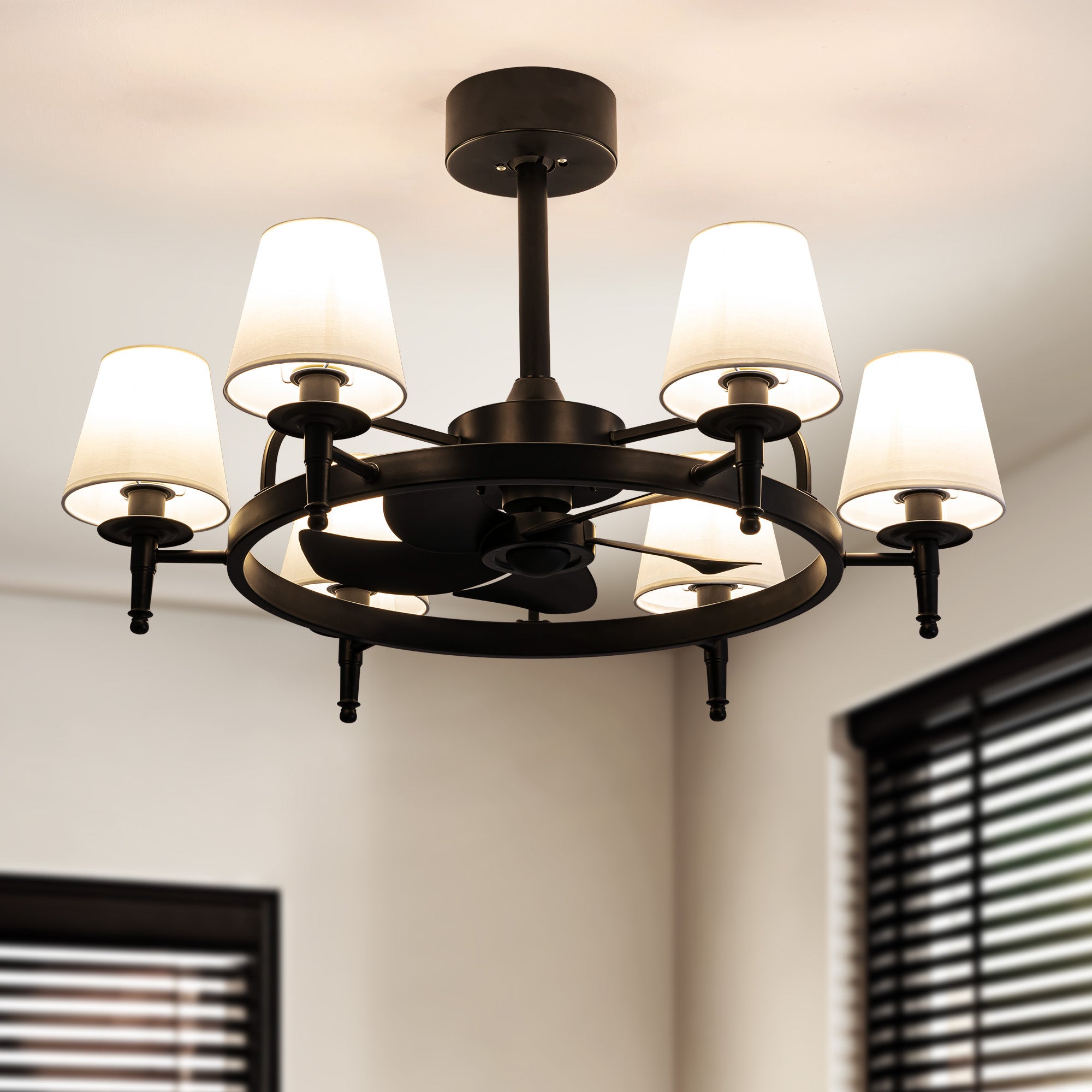 31.5" 6-light Wagon Wheel Ceiling Fan With Light Kit, Linen Shade, Dc Motor And Remote