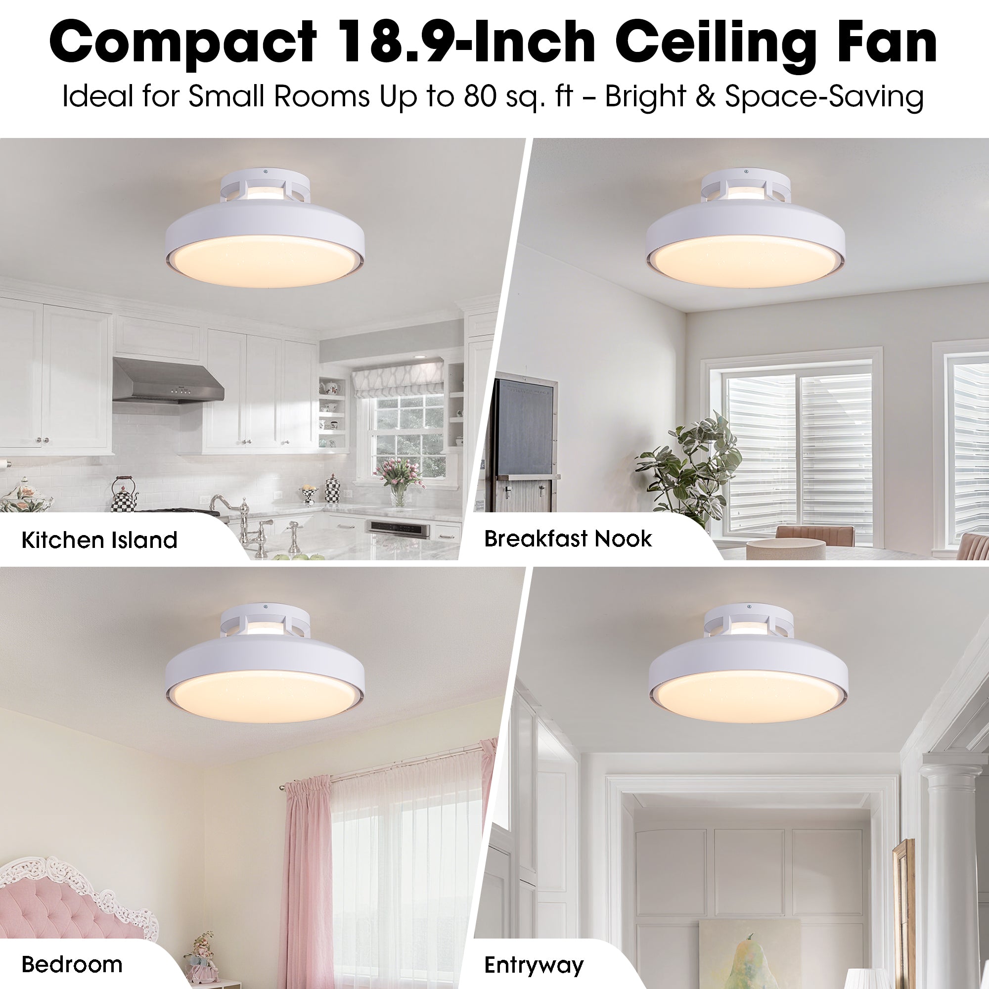 18.9" Modern low profile Ceiling Fan with 4500lm LED Light, Remote Control and Quiet DC Motor for Bedroom