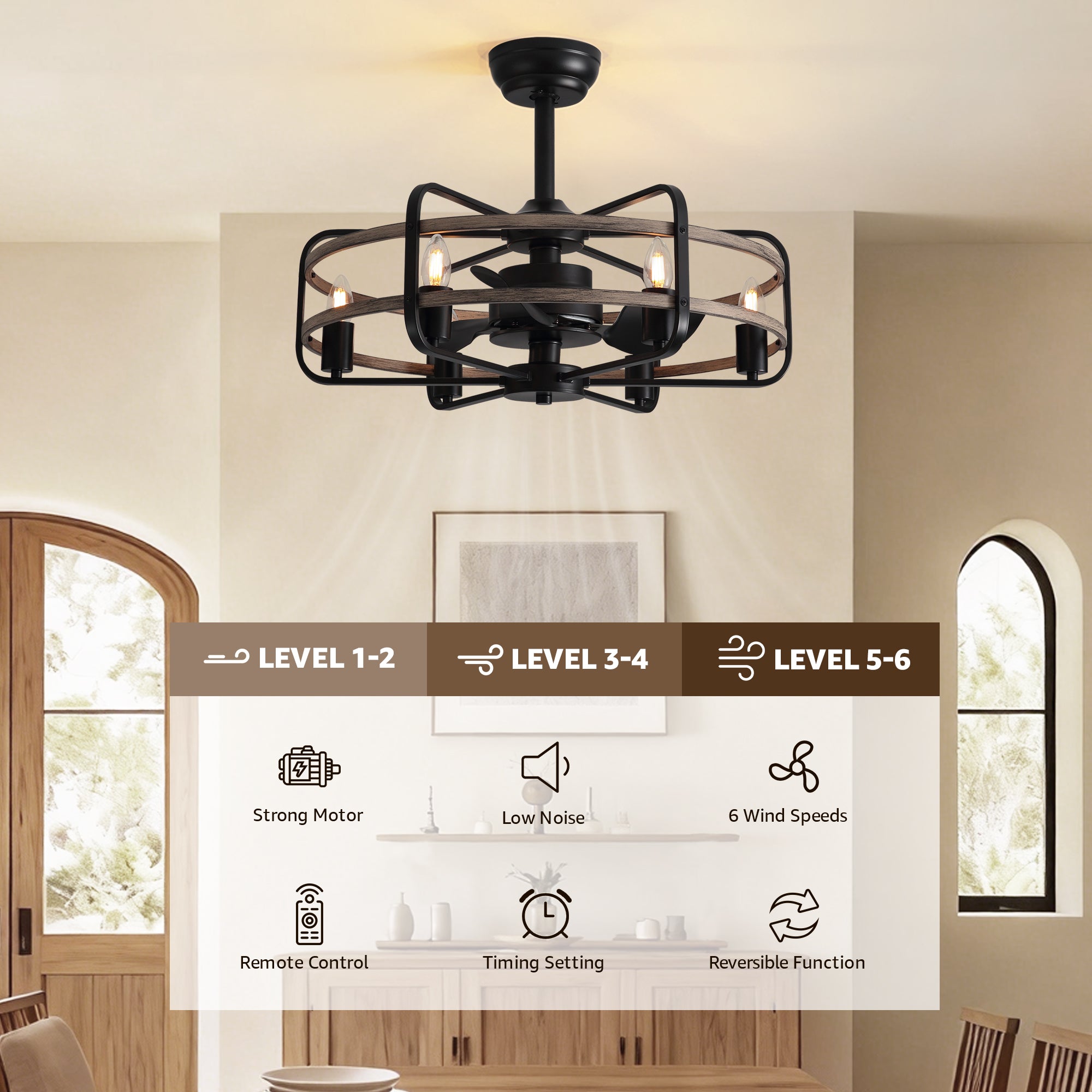 24 in. Indoor Black Farmhouse Ceiling Fan with Light and Remote,Rustic Caged Chandelier Ceiling Fan