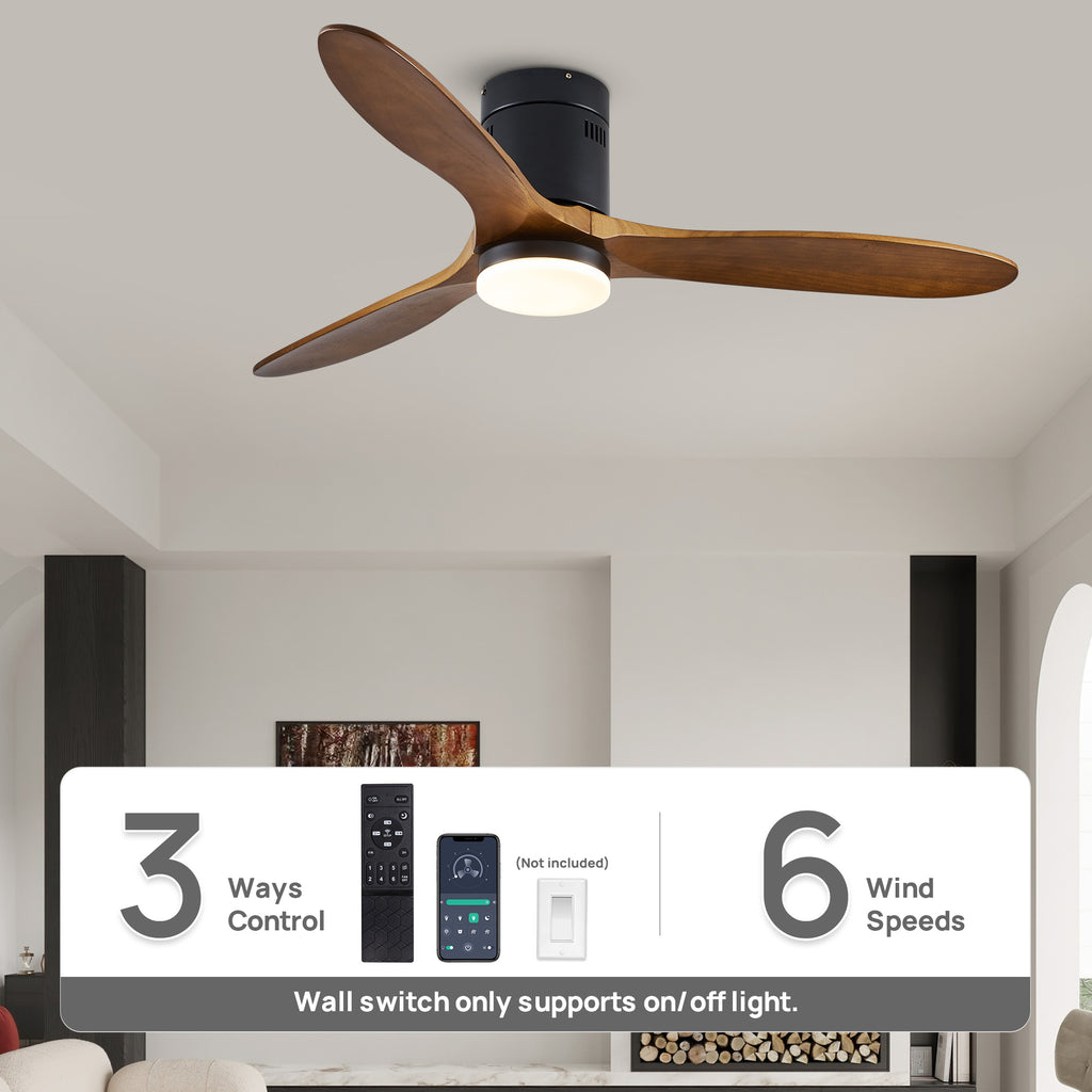 52" 3 -Blade Flush Mount Ceiling Fan with Light Kit, Remote Control and Quiet DC Motor for Bedroom