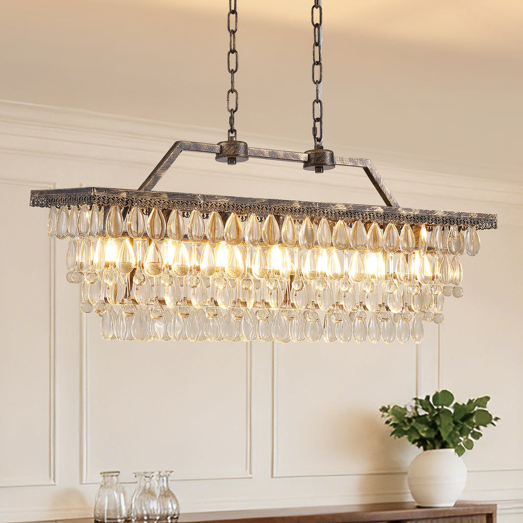 7-Light Dimmable Rustic Vintage Rectangle Tiered Crystal Chandelier with Antique Bronze Finish