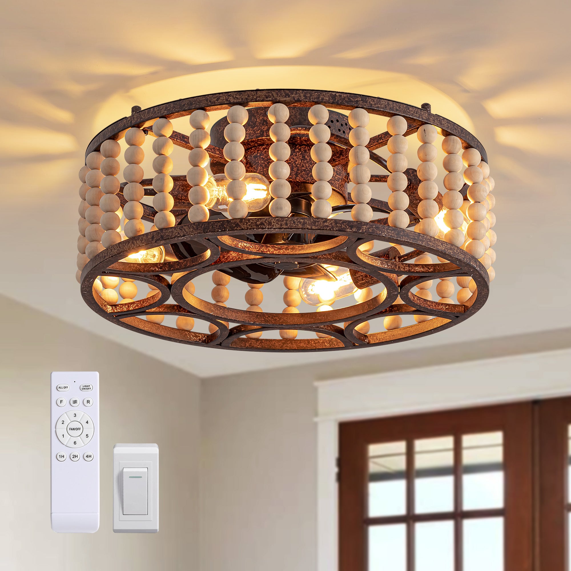 20 in. Indoor Walnut Beaded Caged Ceiling Fan with Light and Remote, Flush Mount Fan for Living Room,Dining Room,Kitchen