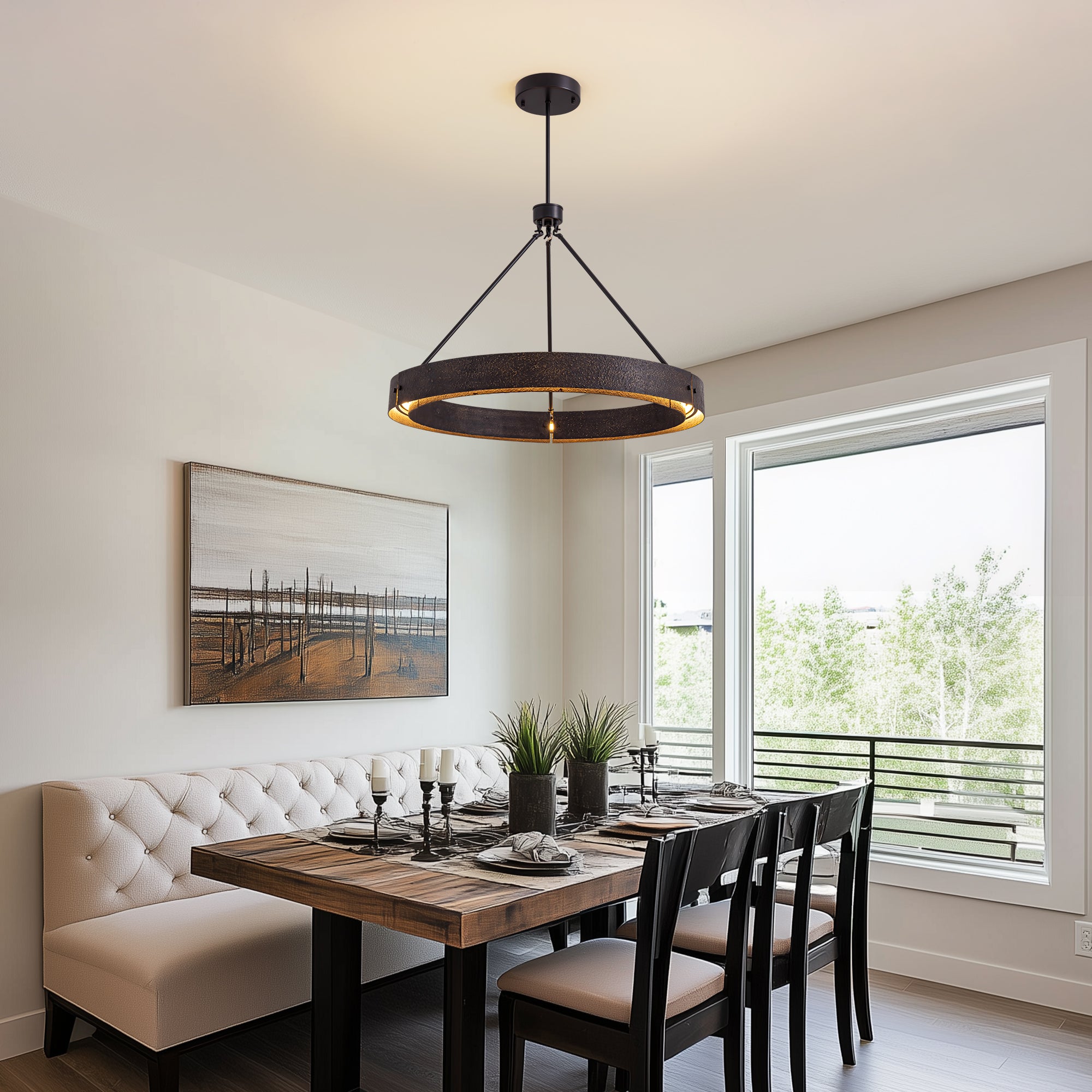 31.5" Rustic Round Chandelier With Integrated Led, Vintage Industrial Farmhouse Ceiling Light
