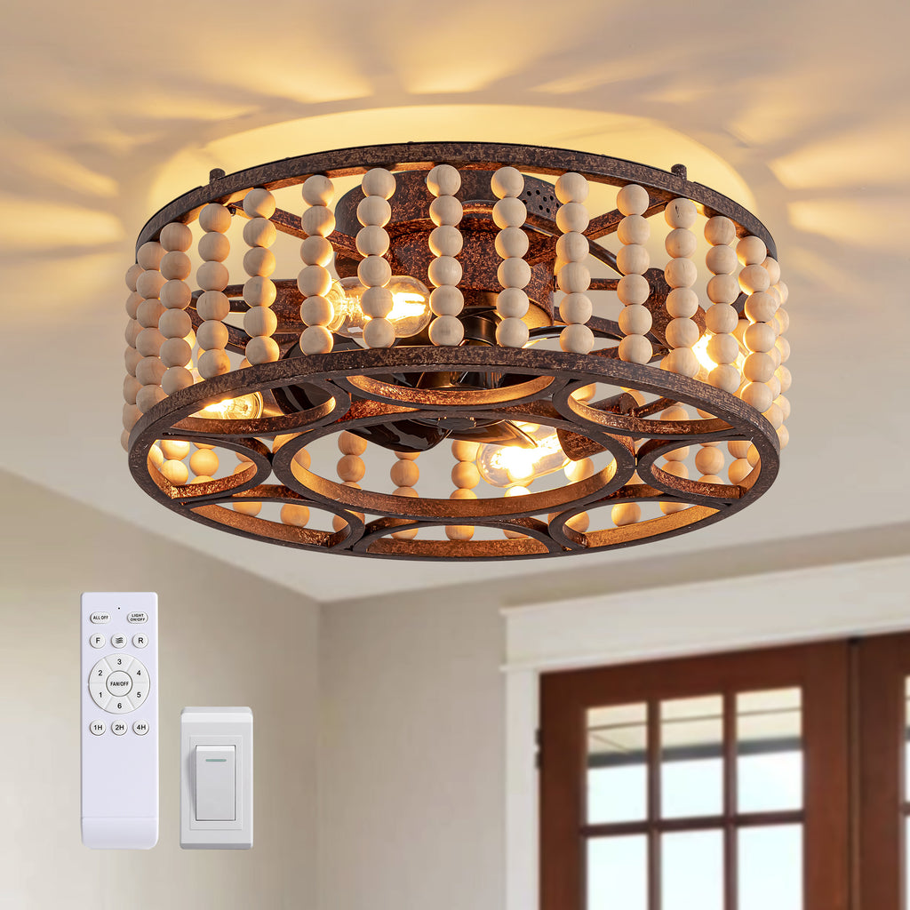 20 in. Indoor Walnut Beaded Caged Ceiling Fan with Light and Remote, Flush Mount Fan for Living Room,Dining Room,Kitchen