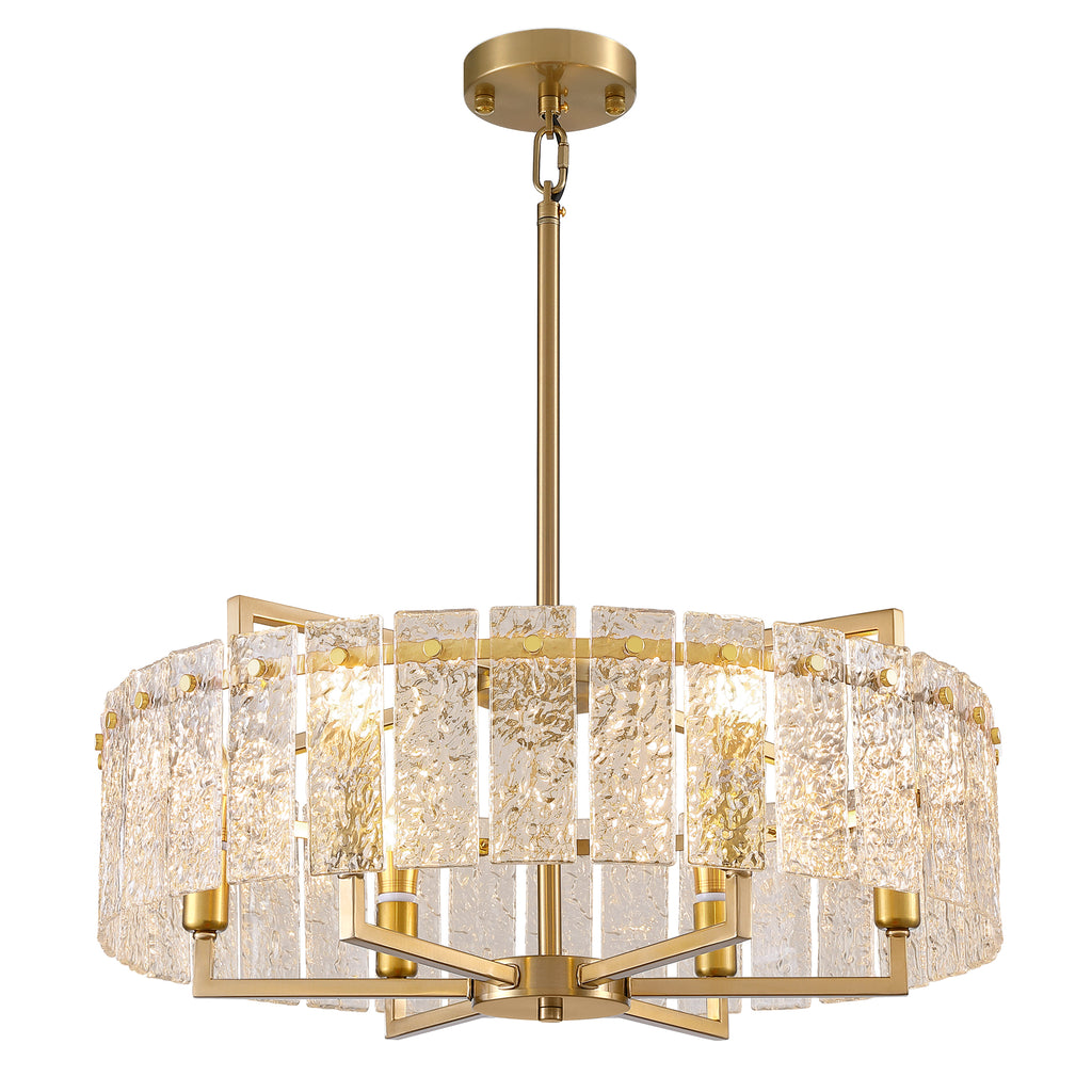6 - Light Dimmable Gold Drum Chandelier with Textured Glass, Modern Lighting for Kitchen Island or Dining Room
