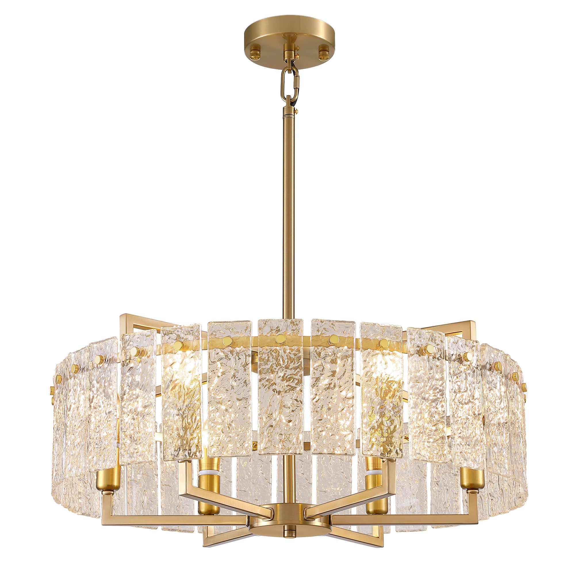 6 - Light Dimmable Gold Drum Chandelier with Textured Glass, Modern Lighting for Kitchen Island or Dining Room