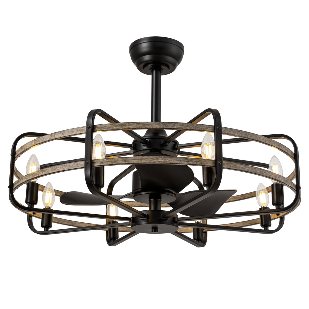 30 in. Indoor Farmhouse Black Downrod Mount Caged Ceiling Fan with Lights and Remote Wood Grain Industrial