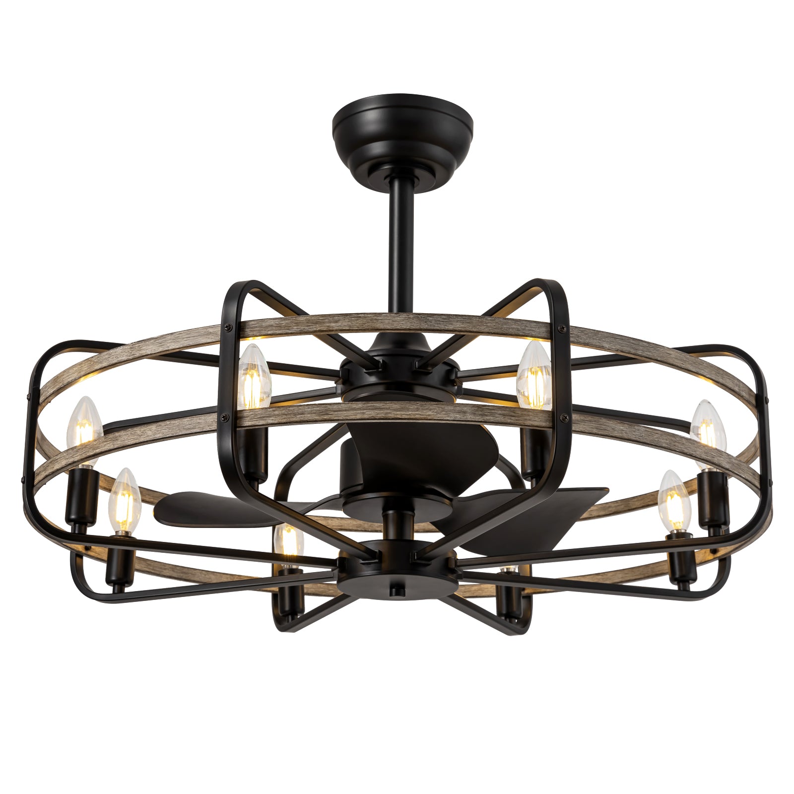 30 in. Indoor Farmhouse Black Downrod Mount Caged Ceiling Fan with Lights and Remote Wood Grain Industrial