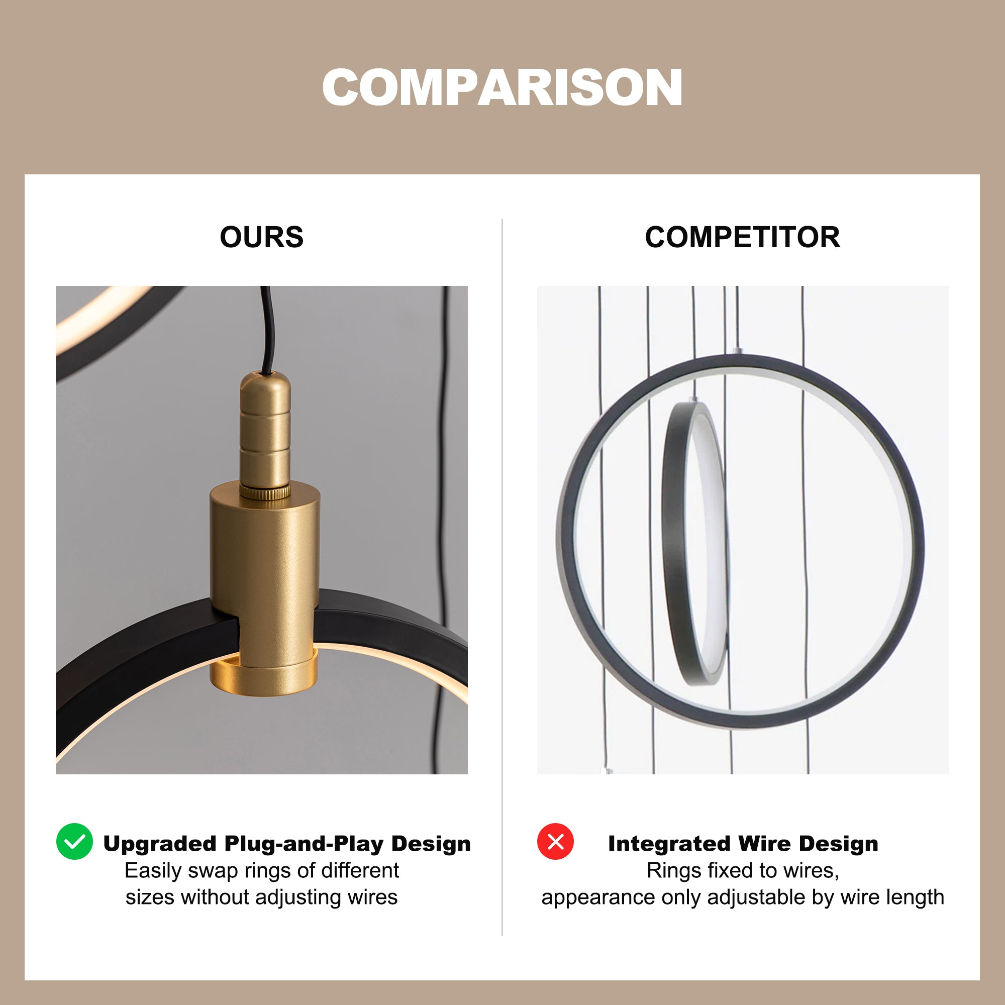 10-Ring LED Dimmable Geometric Chandelier, Black and Gold Foyer Light for High Ceilings with Remote & App Control