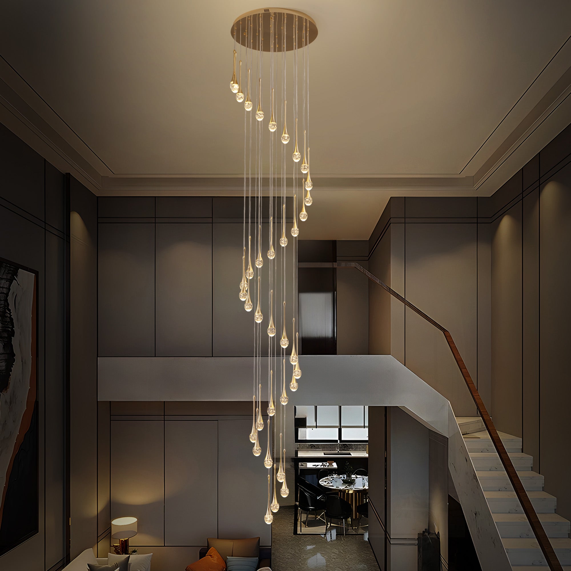 36-light Cylinder Foyer Chandelier With Raindrop Crystals and LED Light