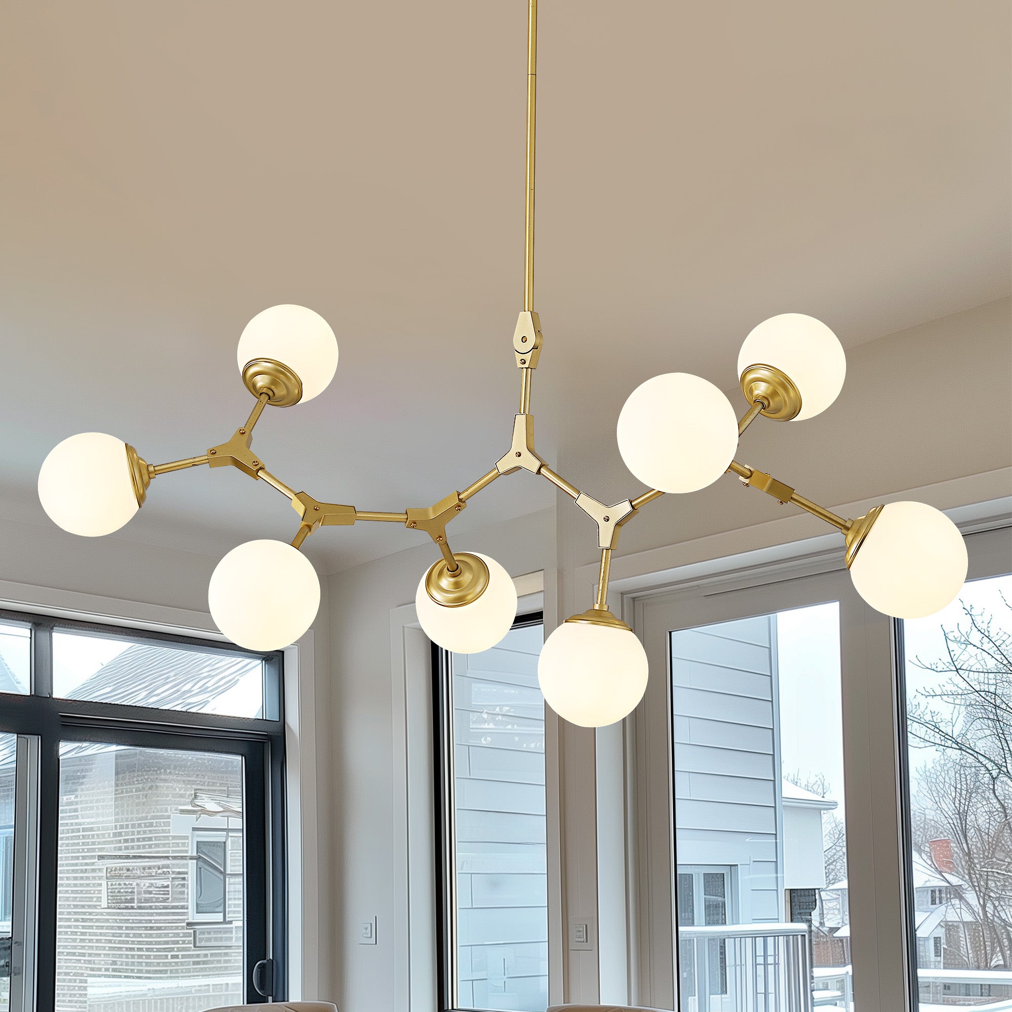8-Light Dimmable Modern Sputnik Linear Chandelier with Glass Globe Shades