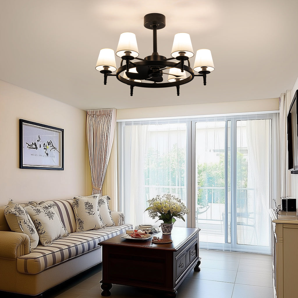31.5" 6-light Wagon Wheel Ceiling Fan With Light Kit, Linen Shade, Dc Motor And Remote