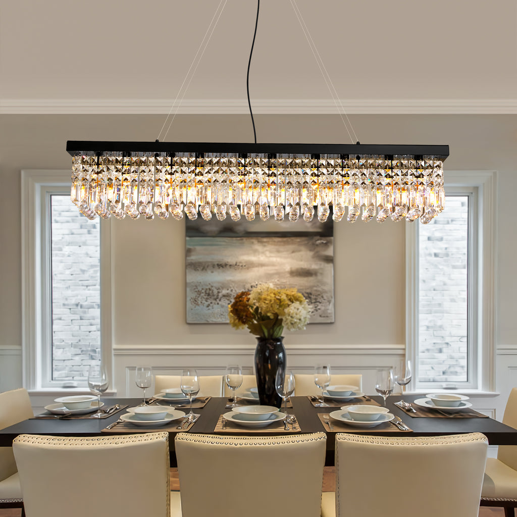 10-Light Dimmable Crystal Rectangle Chandelier for Kitchen Island and Dining Room, Modern Luxury Gold Ceiling Light