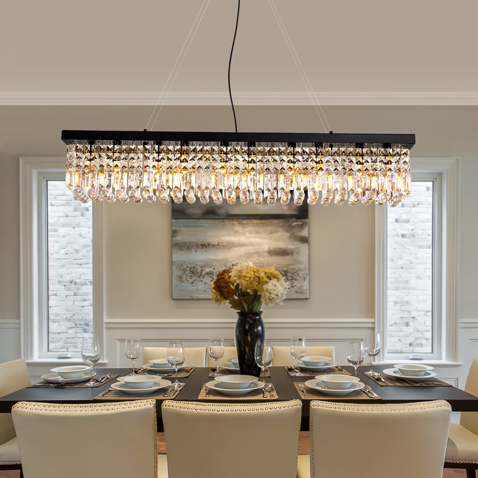 10-Light Dimmable Crystal Rectangle Chandelier for Kitchen Island and Dining Room, Modern Luxury Gold Ceiling Light