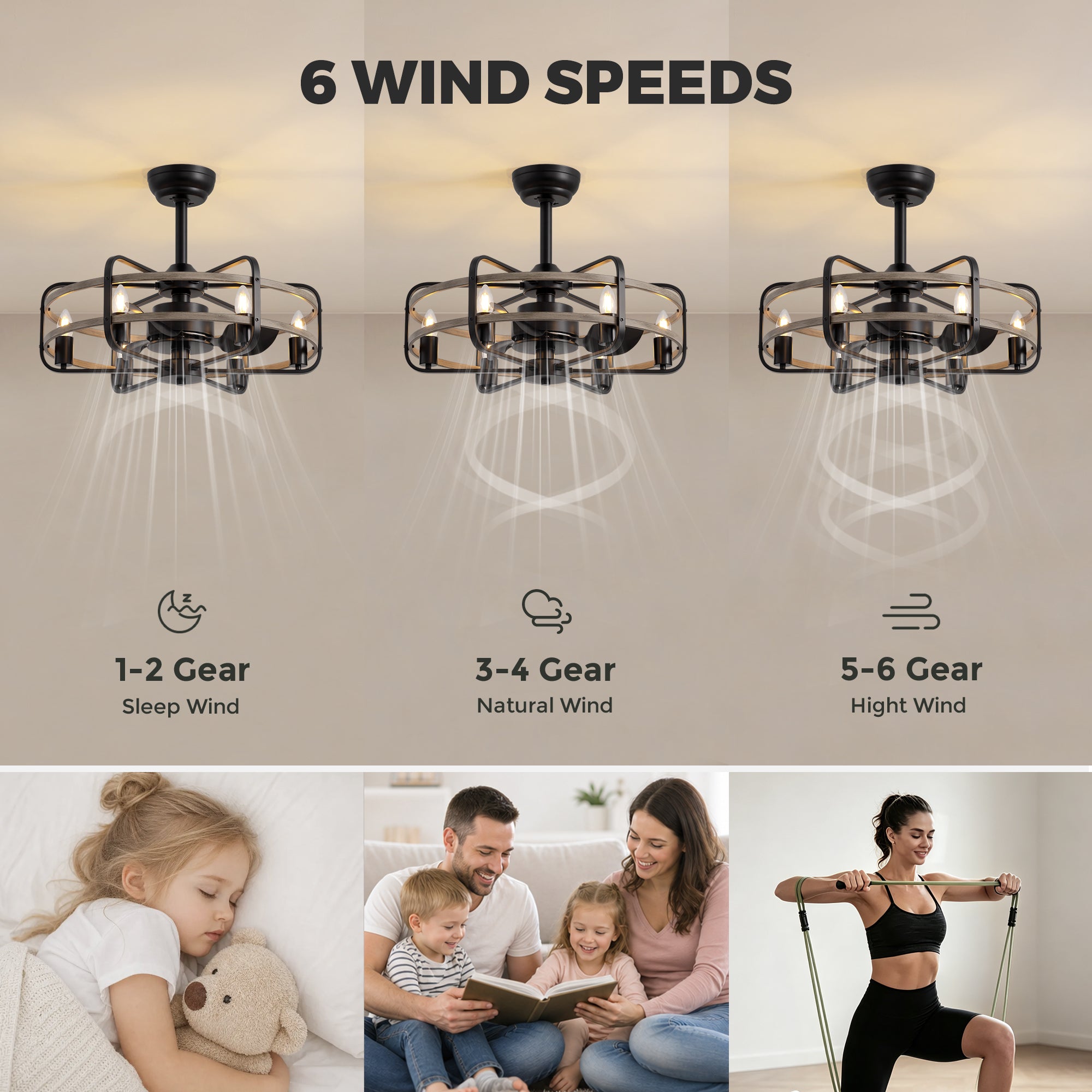 25 in. Modern Indoor Black Cage Ceiling Fan with Lights Reversible Rotation and Remote Control