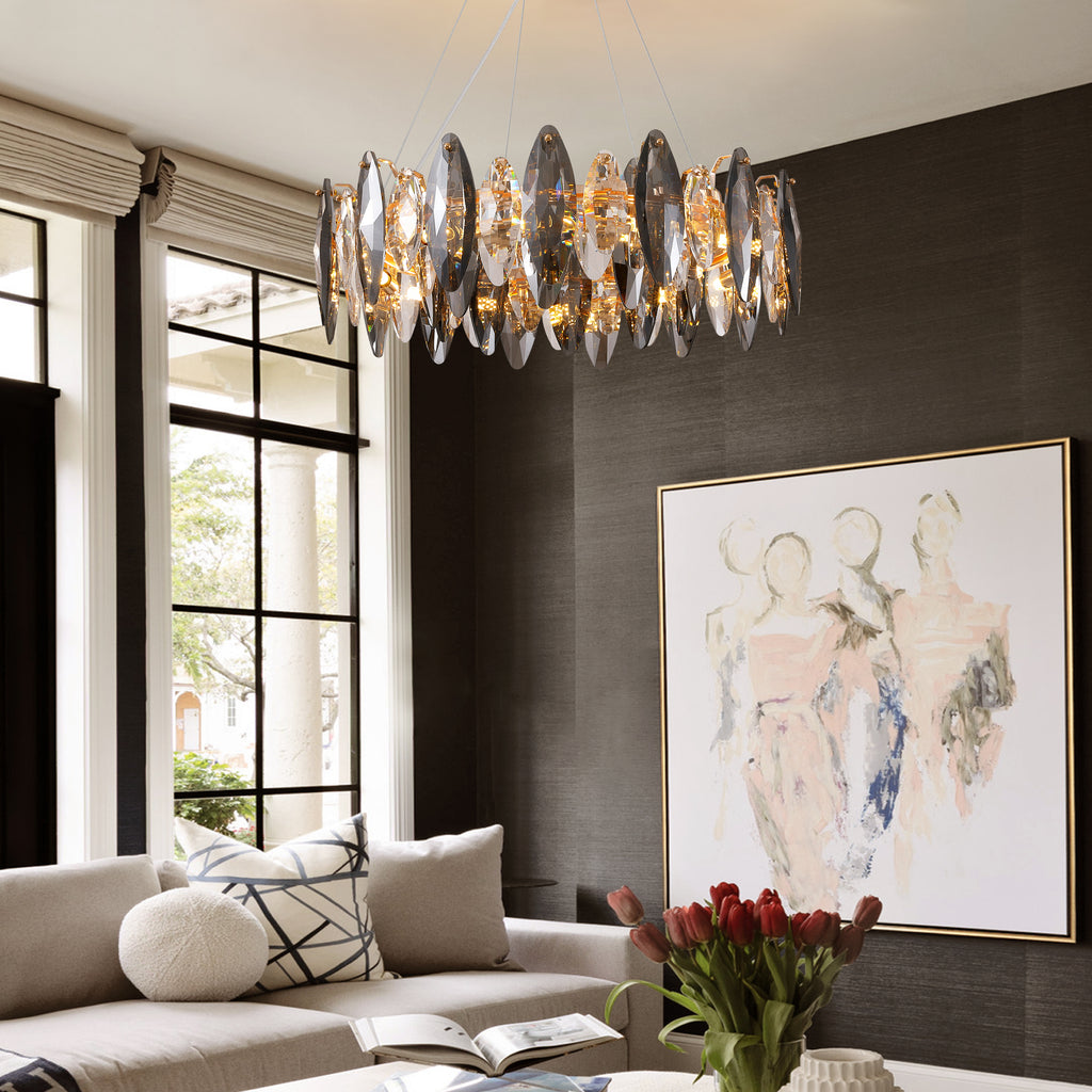 12-Light Dimmable Drum Crystal Chandelier, Modern Luxury Lighting for Kitchen Island Dining Room